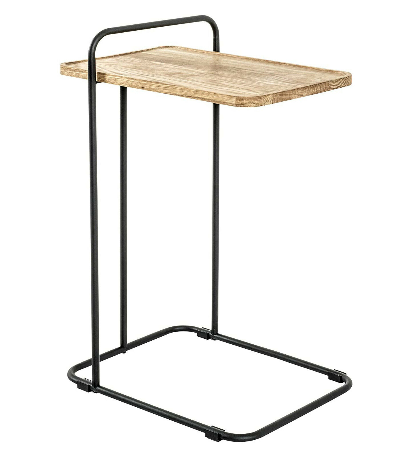 C-förmiger Beistelltisch mit schwarzem Stahlgestell und Eichenholzplatte  seitlich aufgenommen  ideal als Laptoptisch