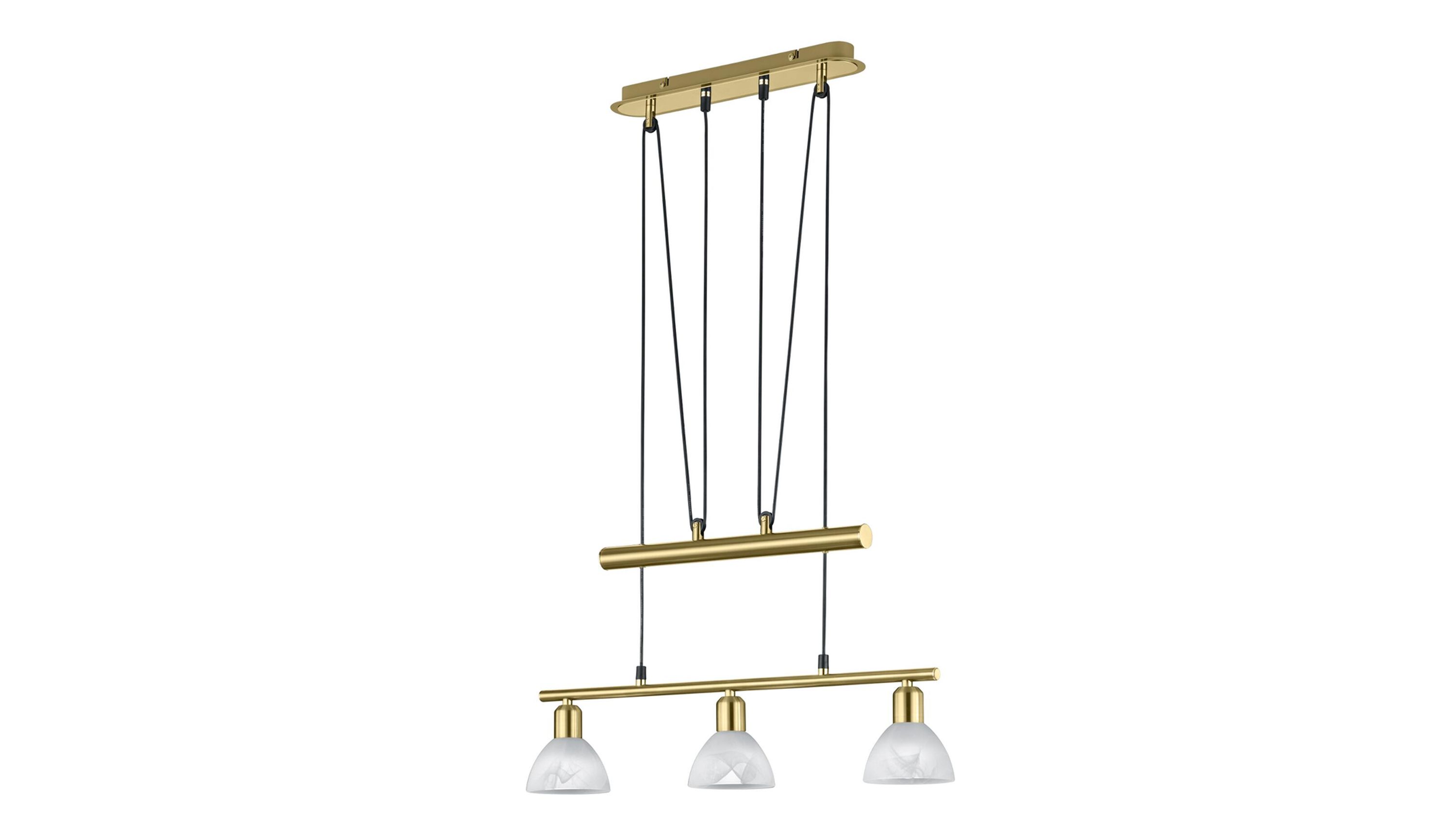 Pendelleuchte mit drei weißen Schirmen und goldfarbenen Stangen Pendelleuchte mit drei weißen Lampenschirmen und goldfarbenen Stangen an schwarzen Kabeln