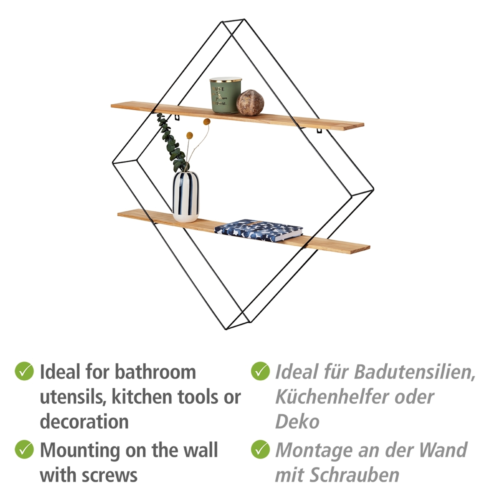 Wandregal in Rautenform mit schwarzem Metallrahmen zwei Holzablagen dekoriert mit Flaschen Pflanze Stoff frontal