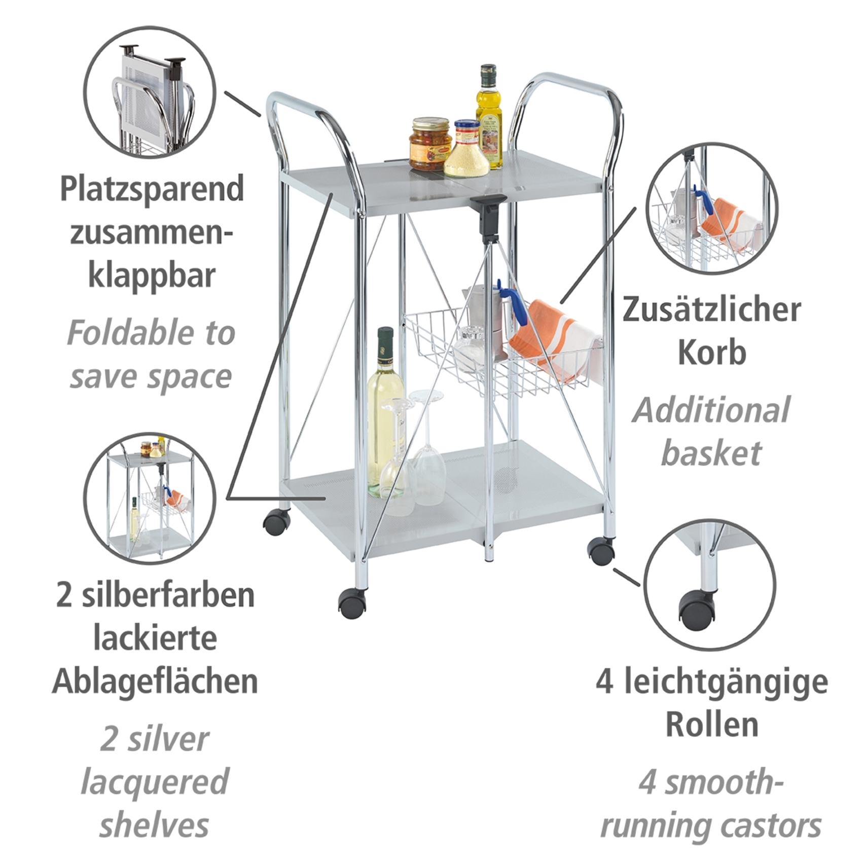 Leicht schräg von vorne rechts aufgenommener silberner Küchenwagen mit zwei Ablagen Korb Rollen und klappbarer Funktion