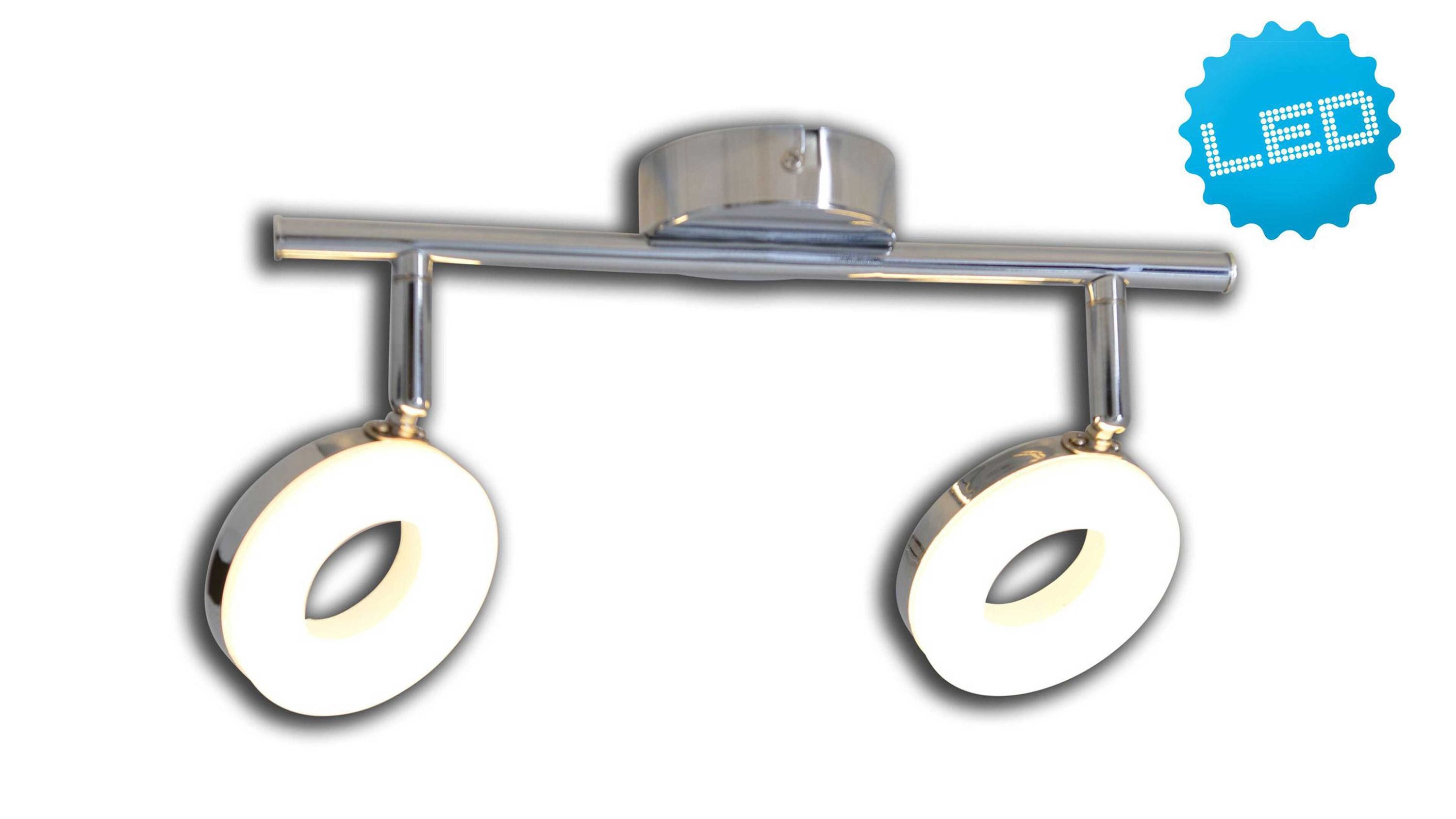 LED-Deckenleuchte mit zwei runden Spots in Chrom LED-Deckenleuchte mit zwei runden Spots in Chrom und weißem Licht