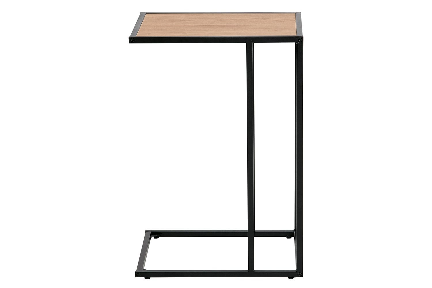Laptop-Beistelltisch mit Eichenoptik-Platte und schwarzem C-Form-Gestell Laptop-Beistelltisch Seitenansicht mit rechteckiger Platte in Eichenoptik und schwarzem C-Form-Gestell