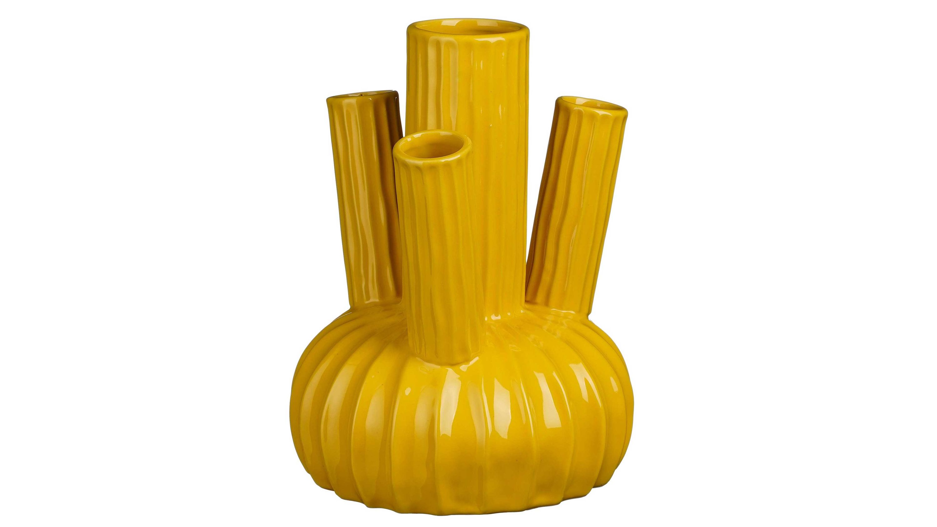 Gelbe Vase mit fünf zylindrischen Öffnungen Gelbe Vase mit fünf zylindrischen Öffnungen und gerillter Oberfläche