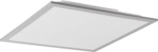 Schräge Ansicht flacher quadratischer Deckenleuchte mit silbernem Rahmen und weißer Kunststofffläche