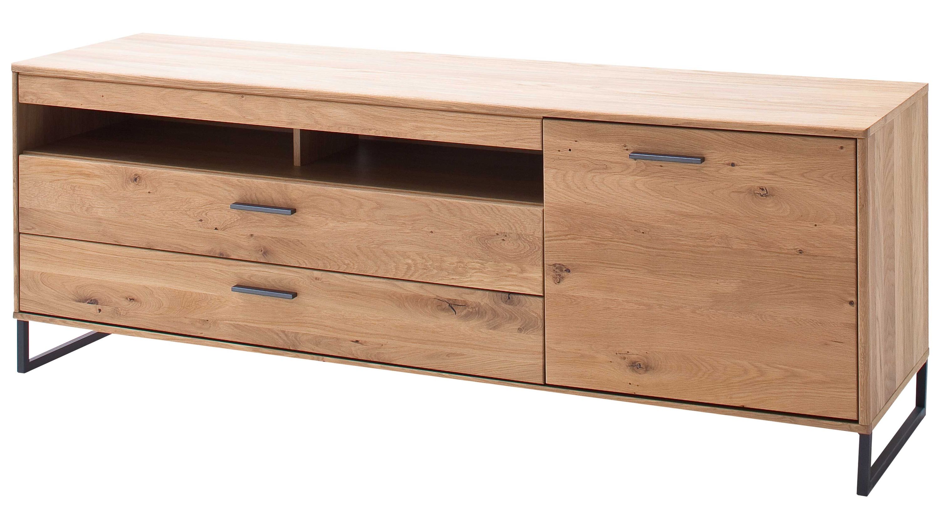 Medienmöbel mit Schubladen und Tür in Holzoptik Medienmöbel mit zwei Schubladen einer Tür offener Ablagefläche Holzoptik hell und dunkle Metallgriffe