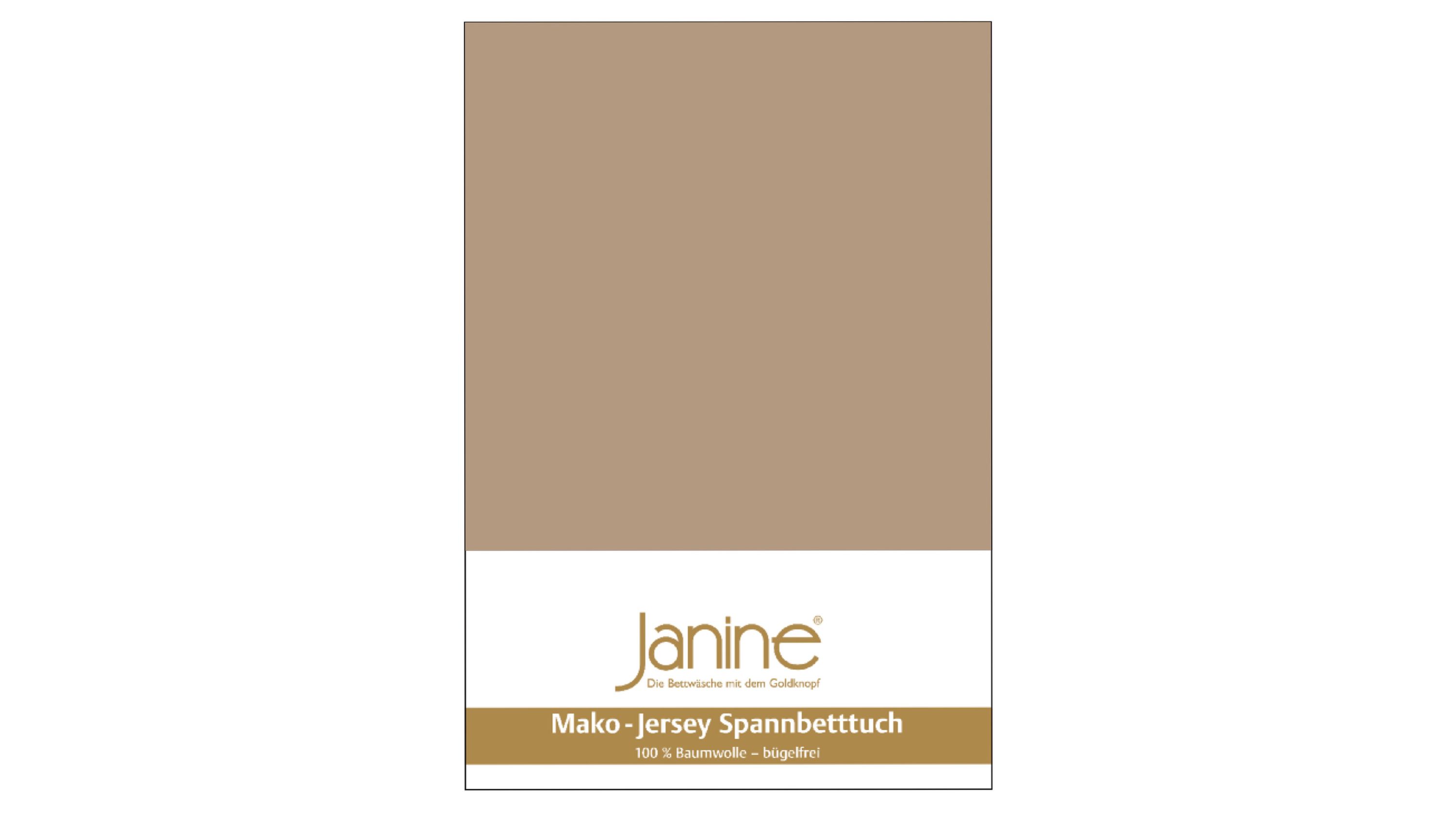 Beiges Spannbettlaken aus Jersey-Stoff mit Verpackung und Markenaufdruck