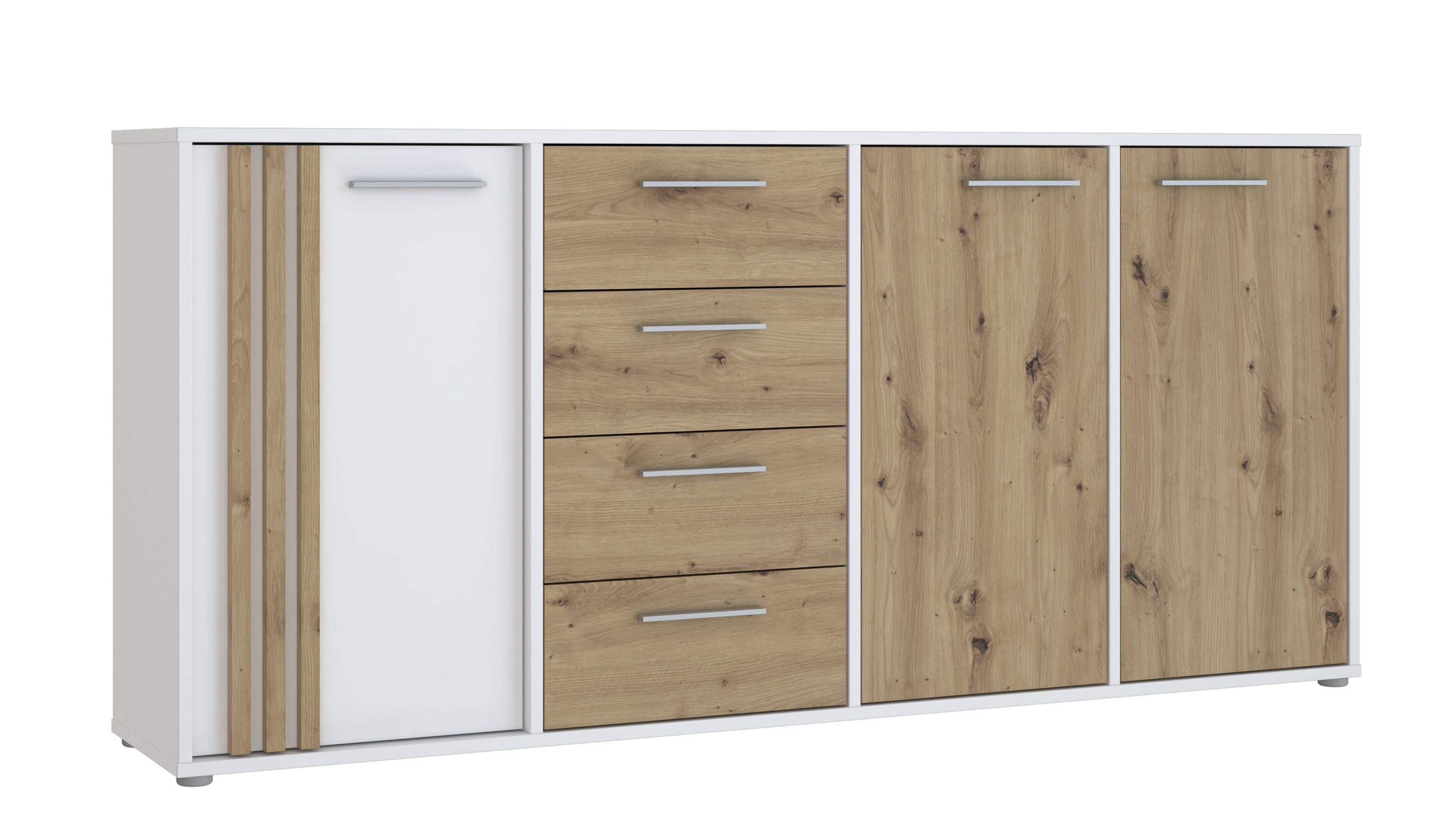 Kommode mit Schubladen und Türen in Weiß und Holzoptik Kommode mit vier Schubladen und drei Türen in weiß und holzfarben mit Metallgriffen