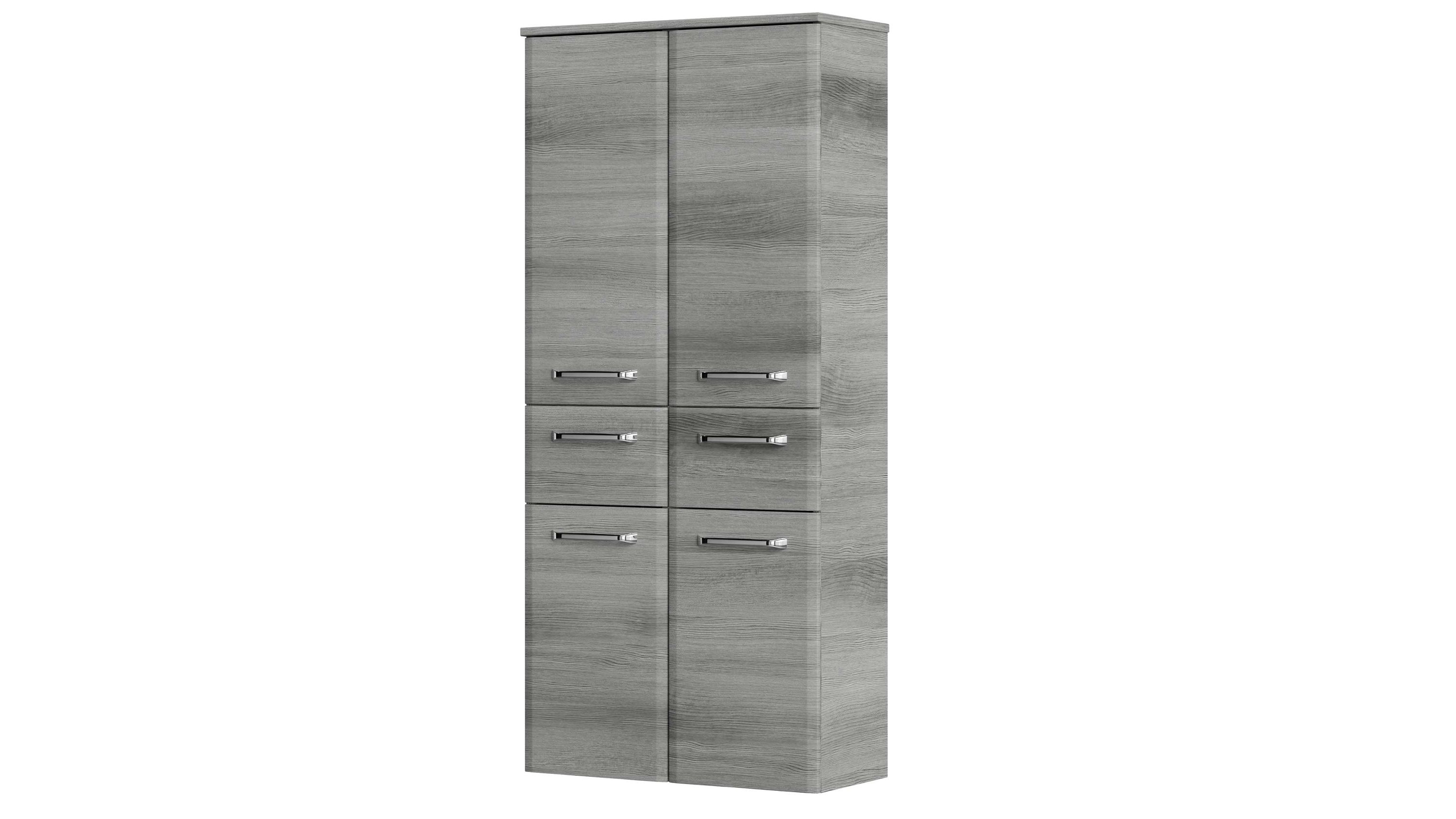 Grauer Midischrank mit vier Türen und Schublade Hoher grauer Midischrank mit vier Türen und einer Schublade mit Metallgriffen