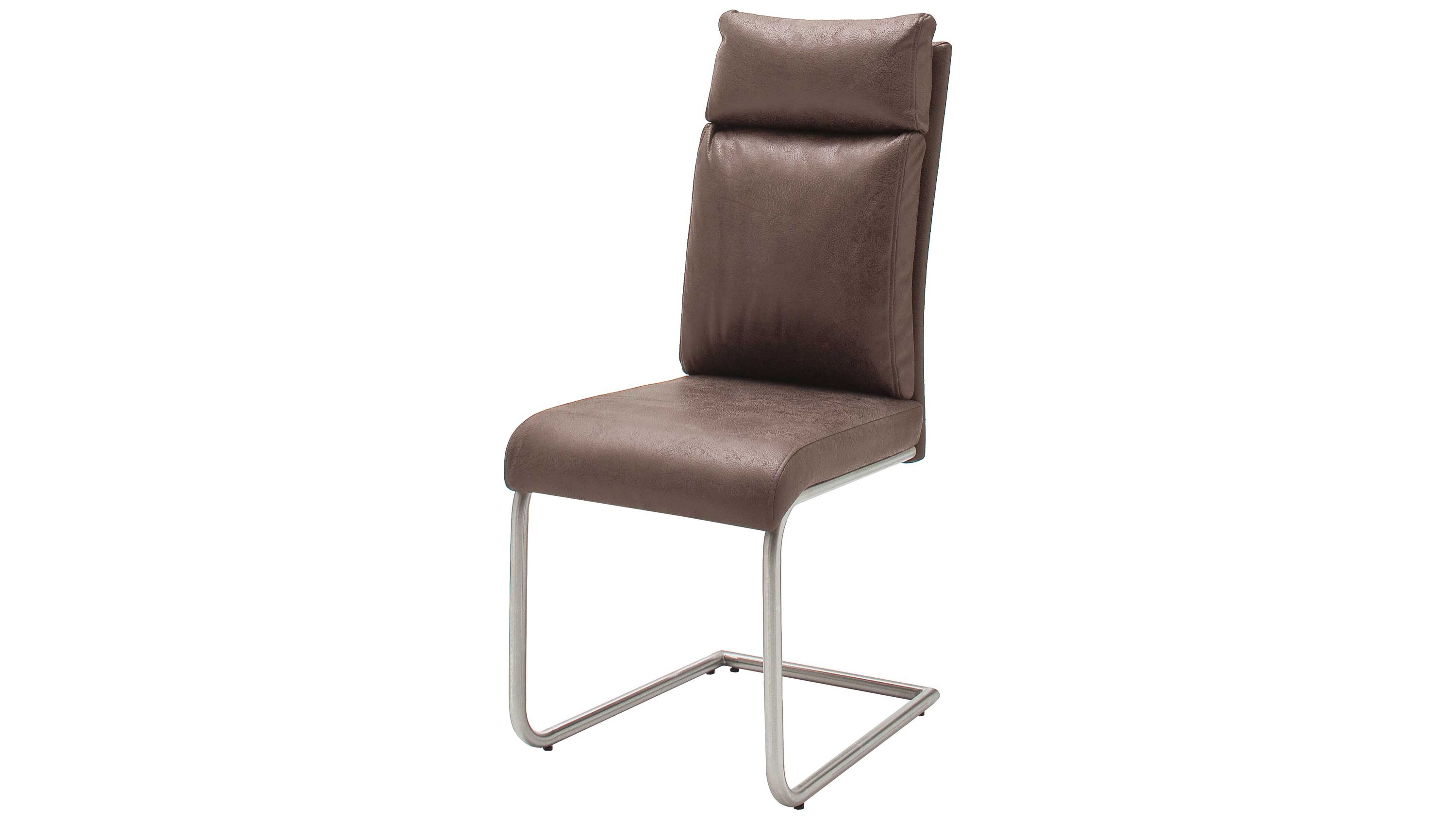 Schwingstuhl mit braunem Sitz und Edelstahlgestell Brauner Schwingstuhl mit gepolsterter Rückenlehne und Edelstahlgestell