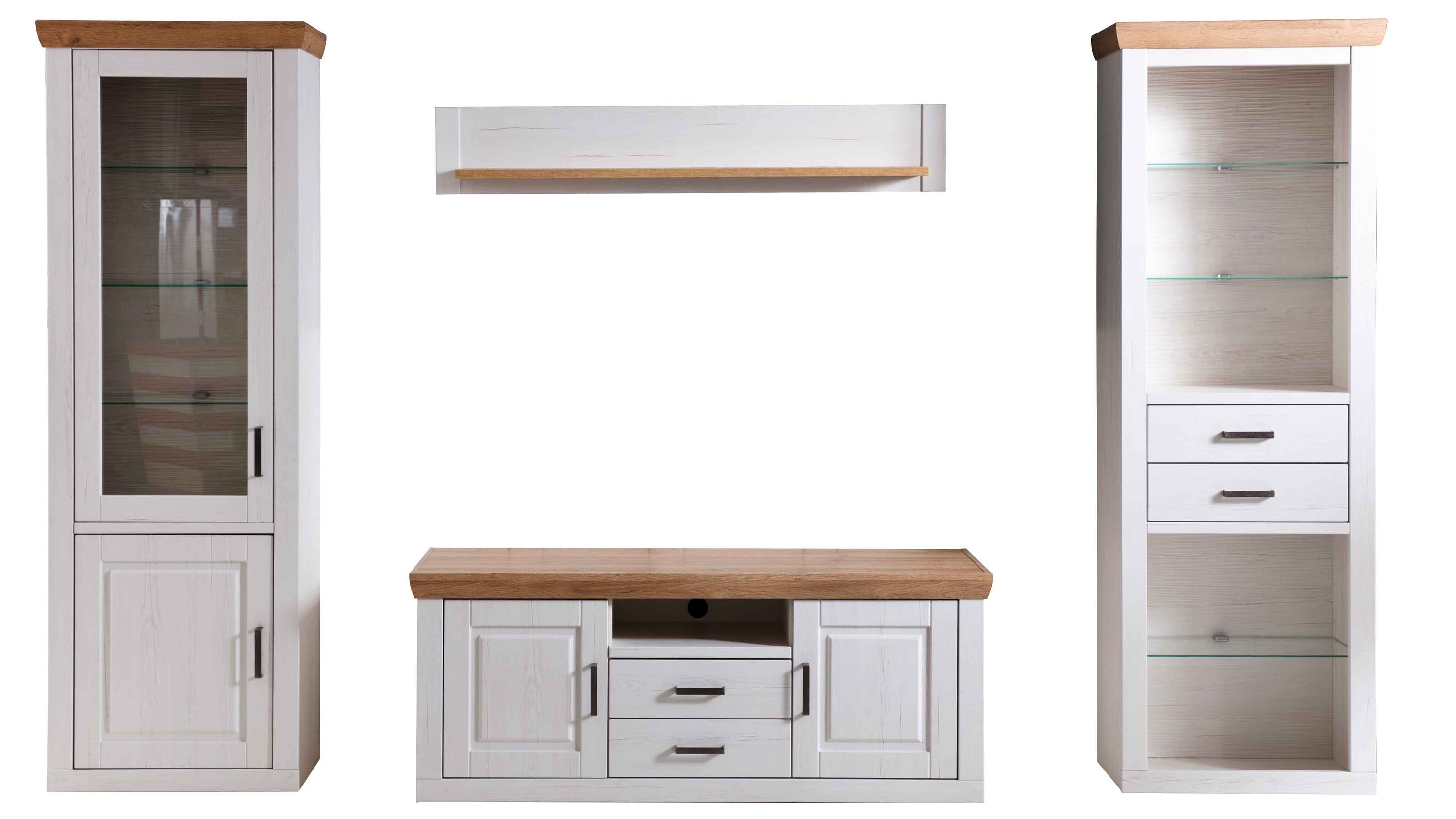 Vierteilige Wohnwand mit Vitrinen und TV-Board in Weiß und Holzfarben Vierteilige Wohnwand mit zwei hohen Vitrinen einem TV-Board und einem Wandregal in weiß und Holzfarben