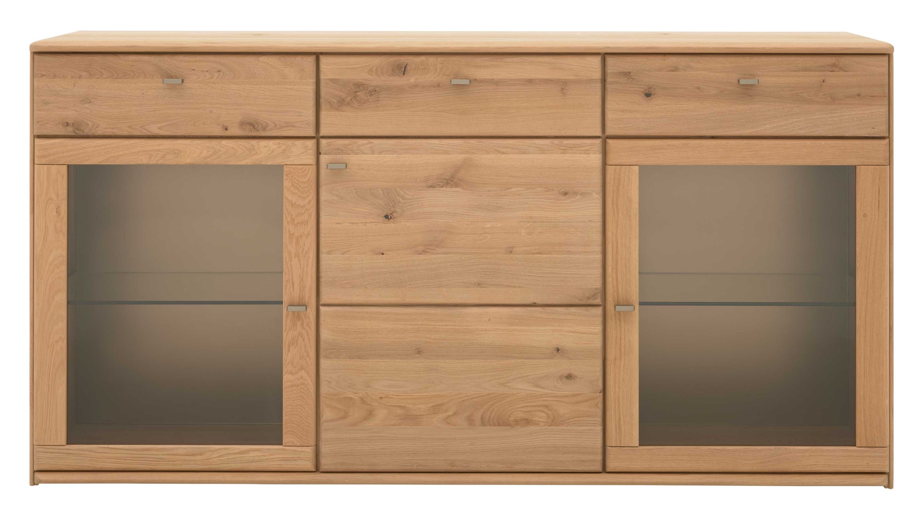 Sideboard mit drei Türen und drei Schubladen in hellbrauner Holzoptik mit zwei Glastüren