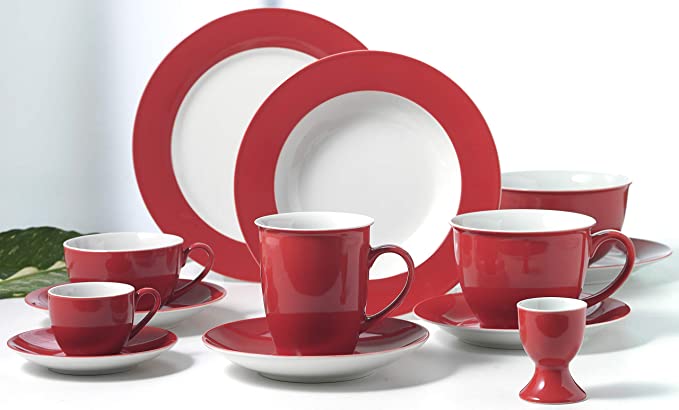 Rotes und weißes 24-teiliges Geschirrset  mit Tassen  Tellern  Untertassen und Eierbecher
