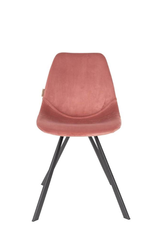 Frotansicht Ansicht eines rosa Samt-Schalenstuhls mit schwarzen Metallbeinen  moderner Look auf weißem Hintergrund