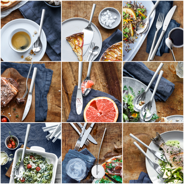 Collage aus 9 Speisenfotos mit Pellkartoffelgabel und Schälmesser, Suppe, Pizza, Salat auf Holz und Stoff