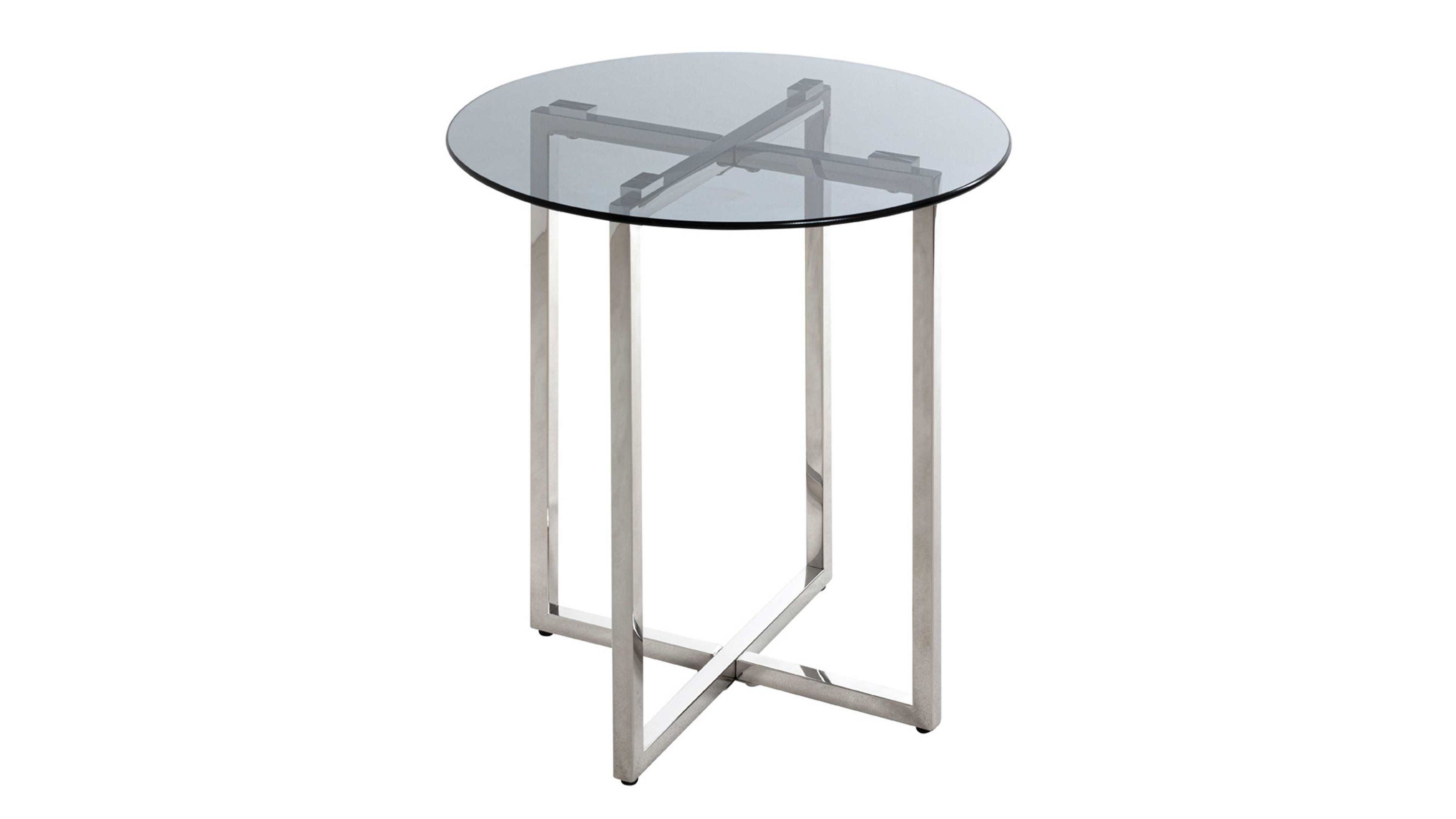 Beistelltisch mit runder Glasplatte und Metallgestell Runder Beistelltisch mit grauer Glasplatte und silberfarbenem Metallgestell