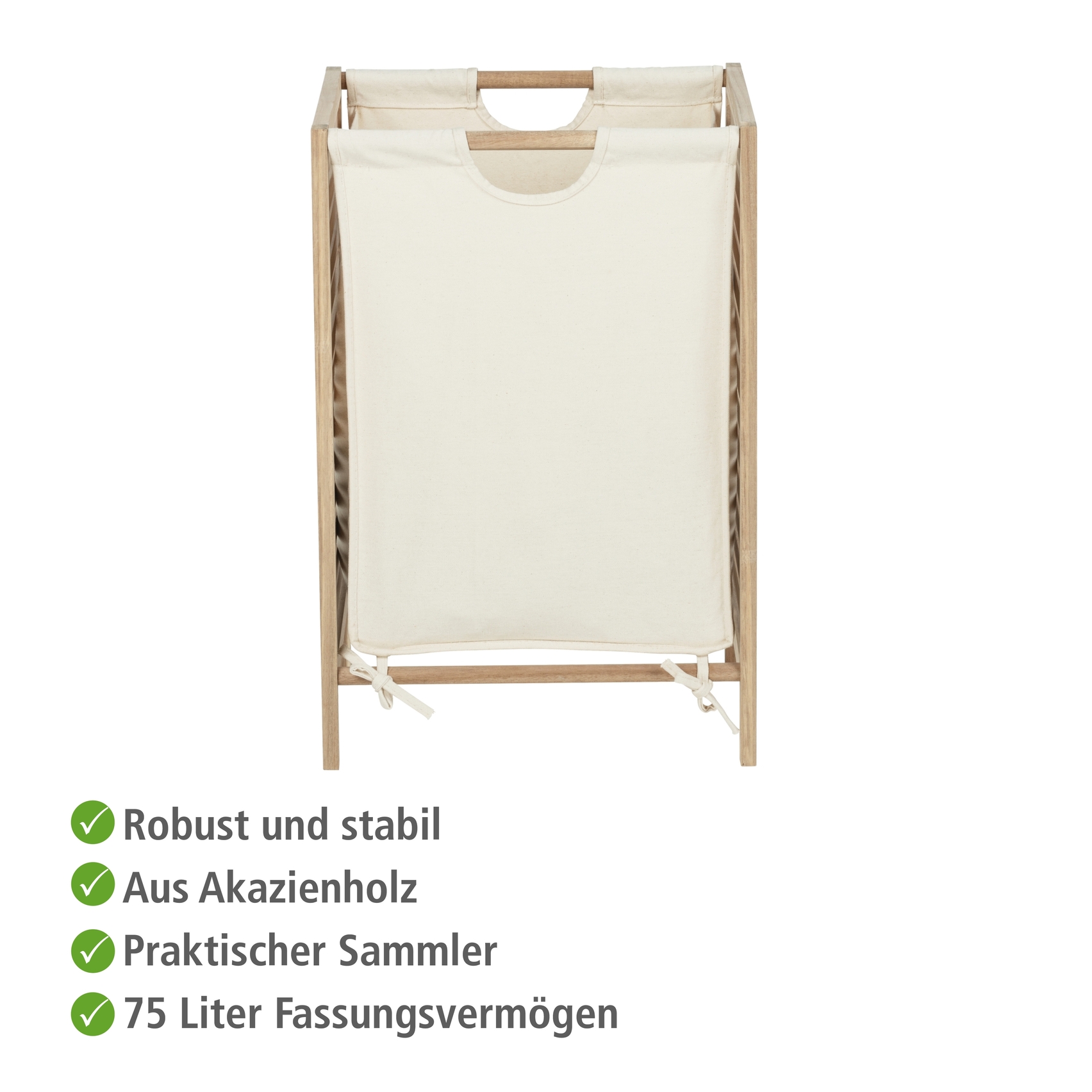 Wäschesammler mit stabilem Akazienholzrahmen beigem pflegeleichtem Wäschebeutel modernes Design frontal fotografiert