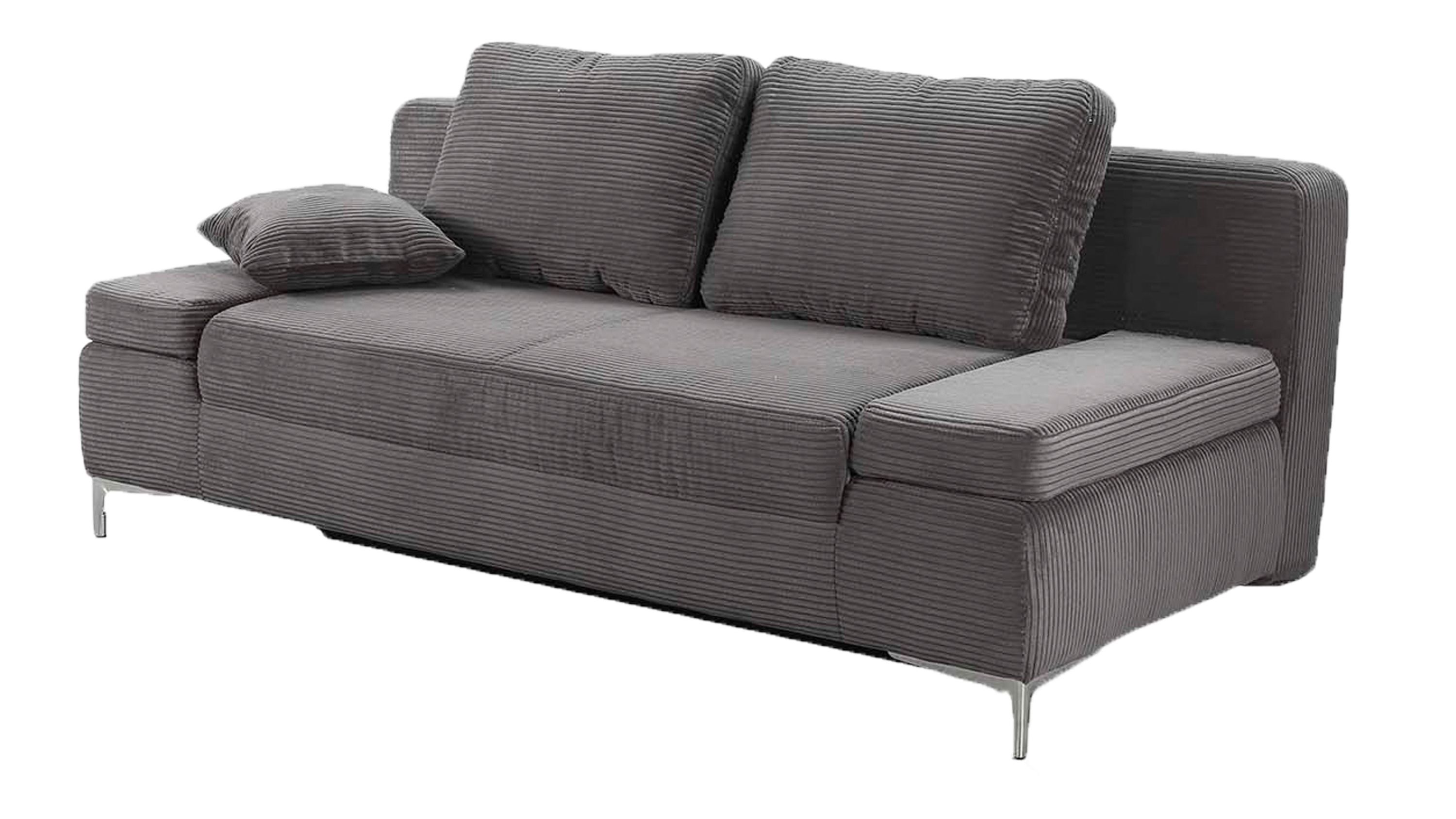 Schlafsofa mit grauem Cordbezug zwei Rückenpolstern und chromfarbenen Metallfüßen