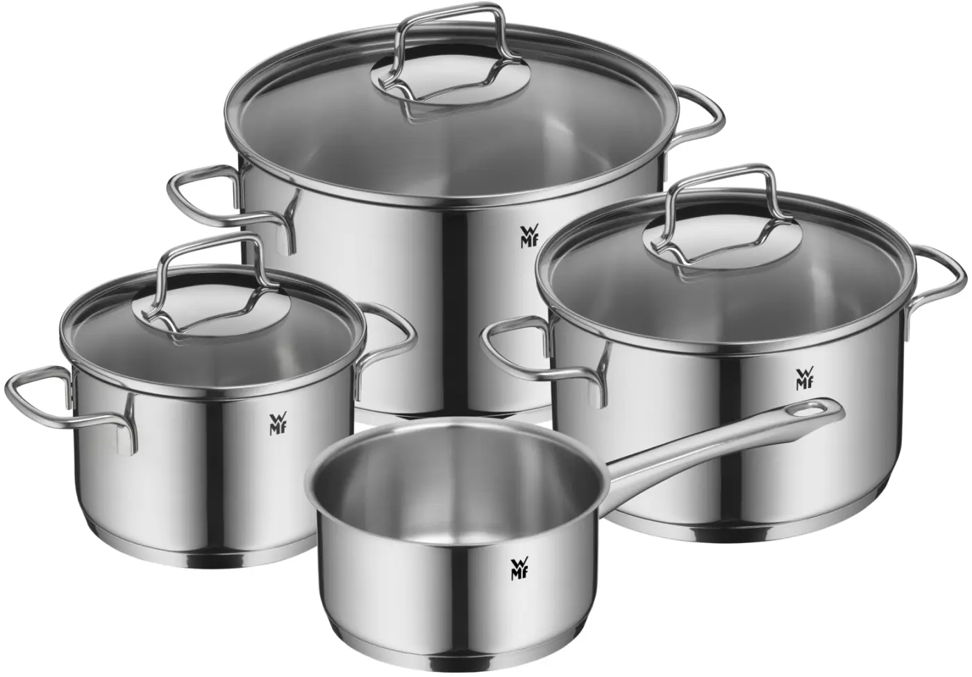 Topfset aus Edelstahl mit drei Töpfen samt Deckel und kleinem Stieltopf schräg von vorn links aufgenommen