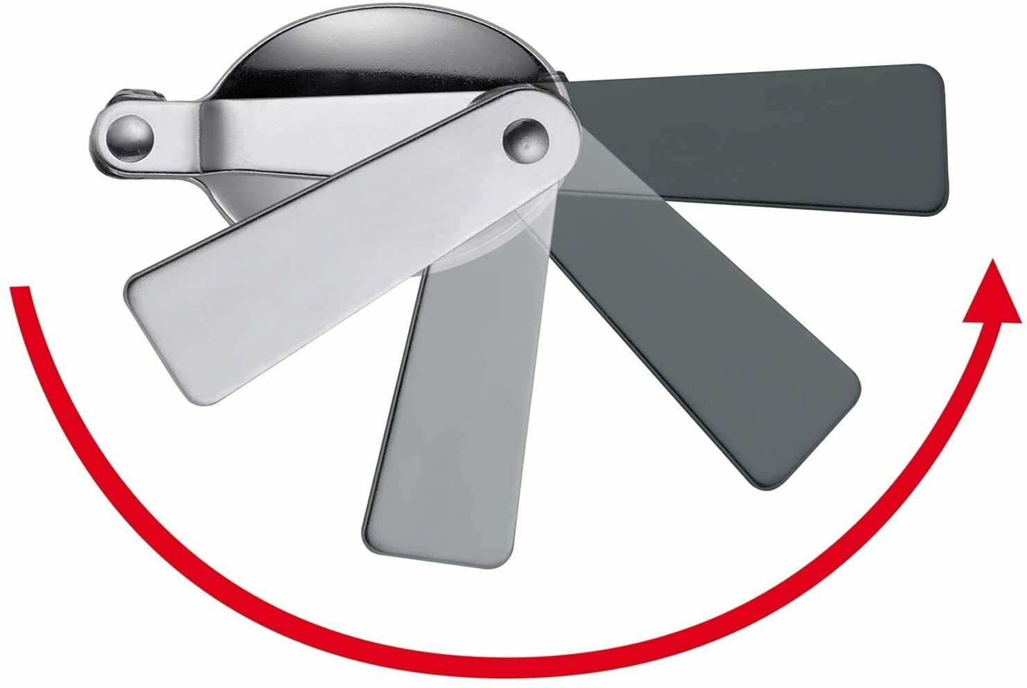 Grafik mit Drehbewegung zeigt ausklappbare Gabel im Deckel  rote Pfeilmarkierung verdeutlicht Klappmechanismus