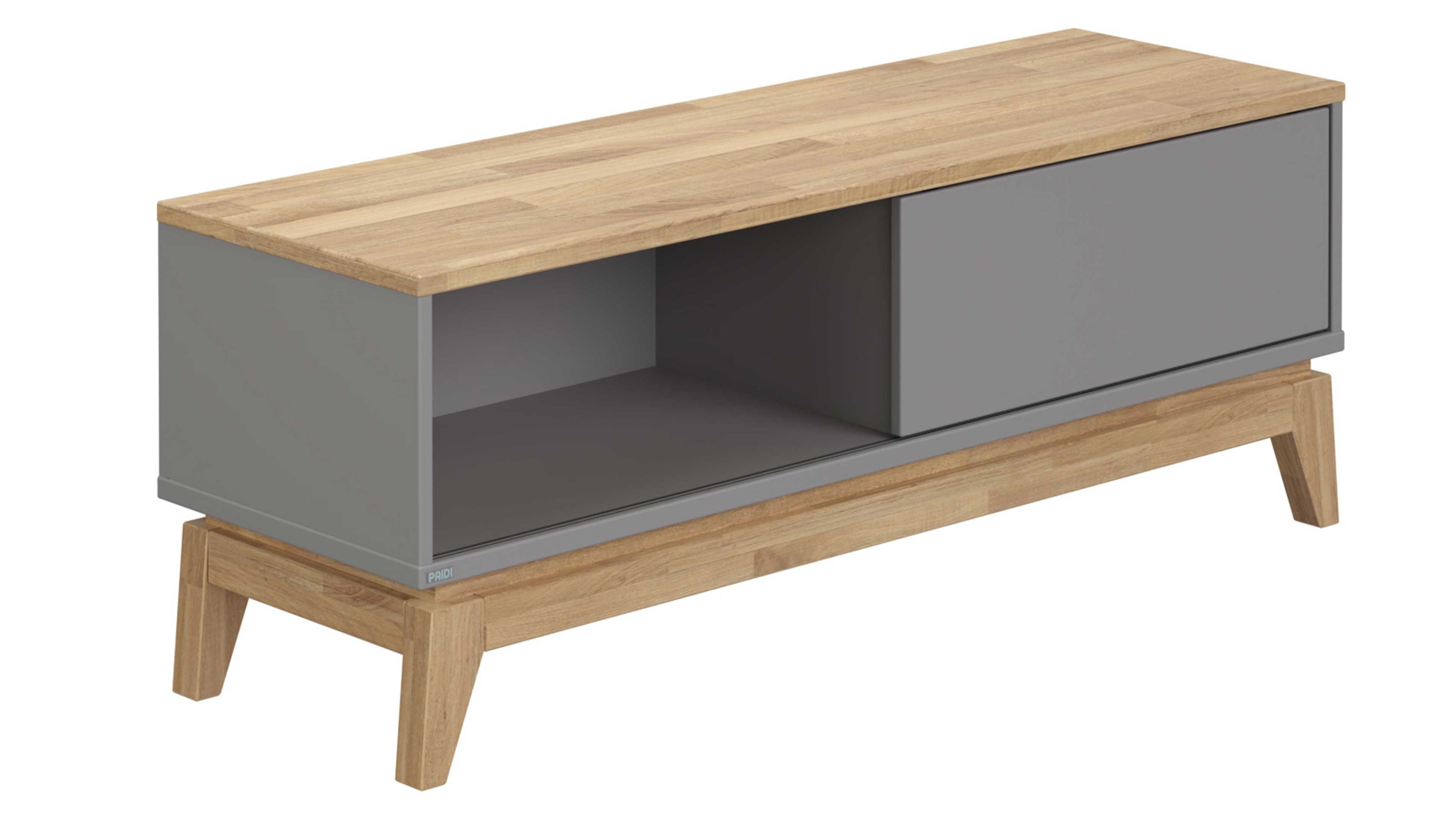 Lowboard mit Schiebetür in schiefergrau und Eiche Lowboard mit einer Schiebetür in schiefergrau und offener Ablagefläche auf Holzbeinen in Eiche