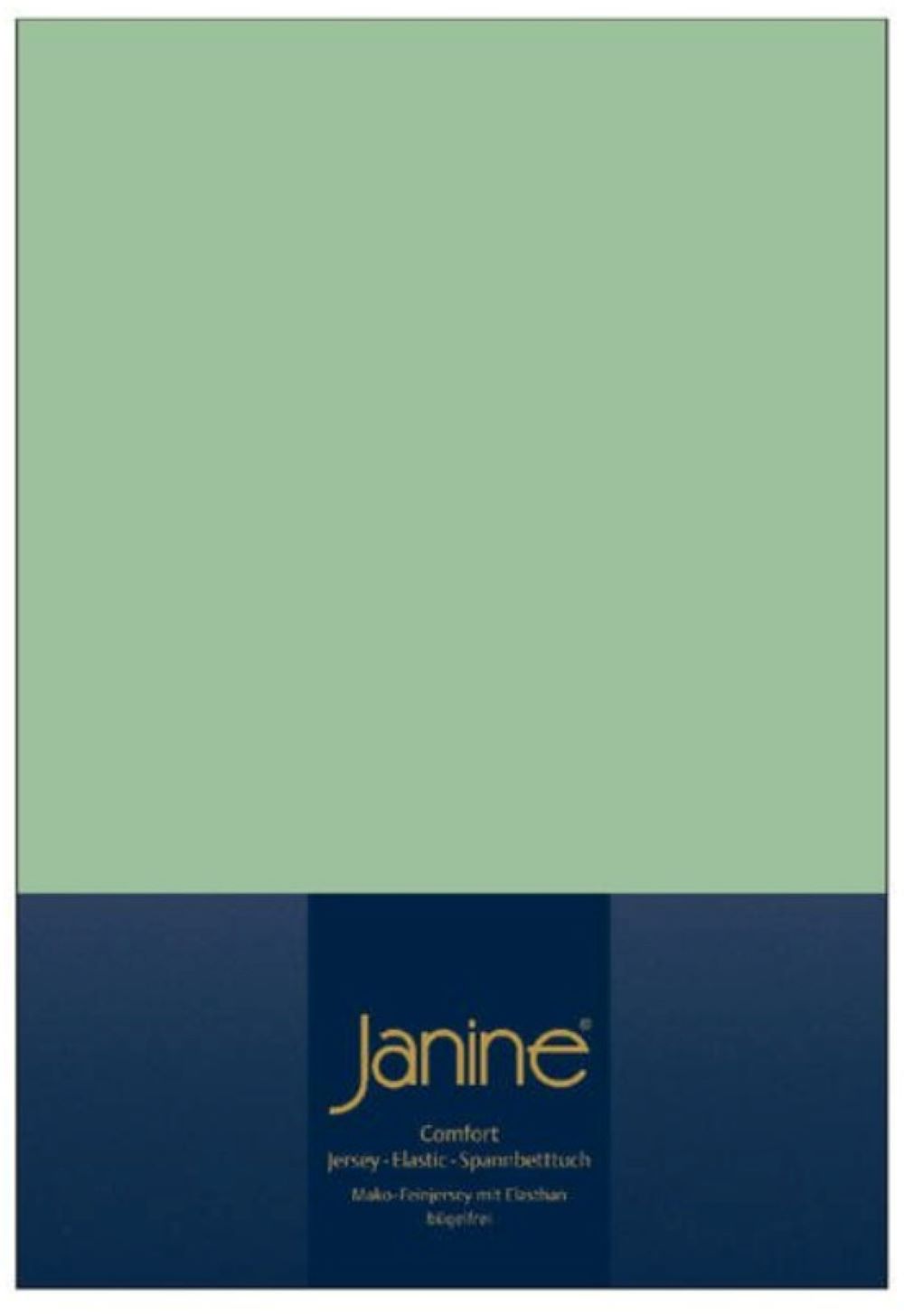 Grünes Spannbetttuch in dunkelblauer Verpackung mit goldener Janine-Aufschrift  frontal leicht von oben fotografiert