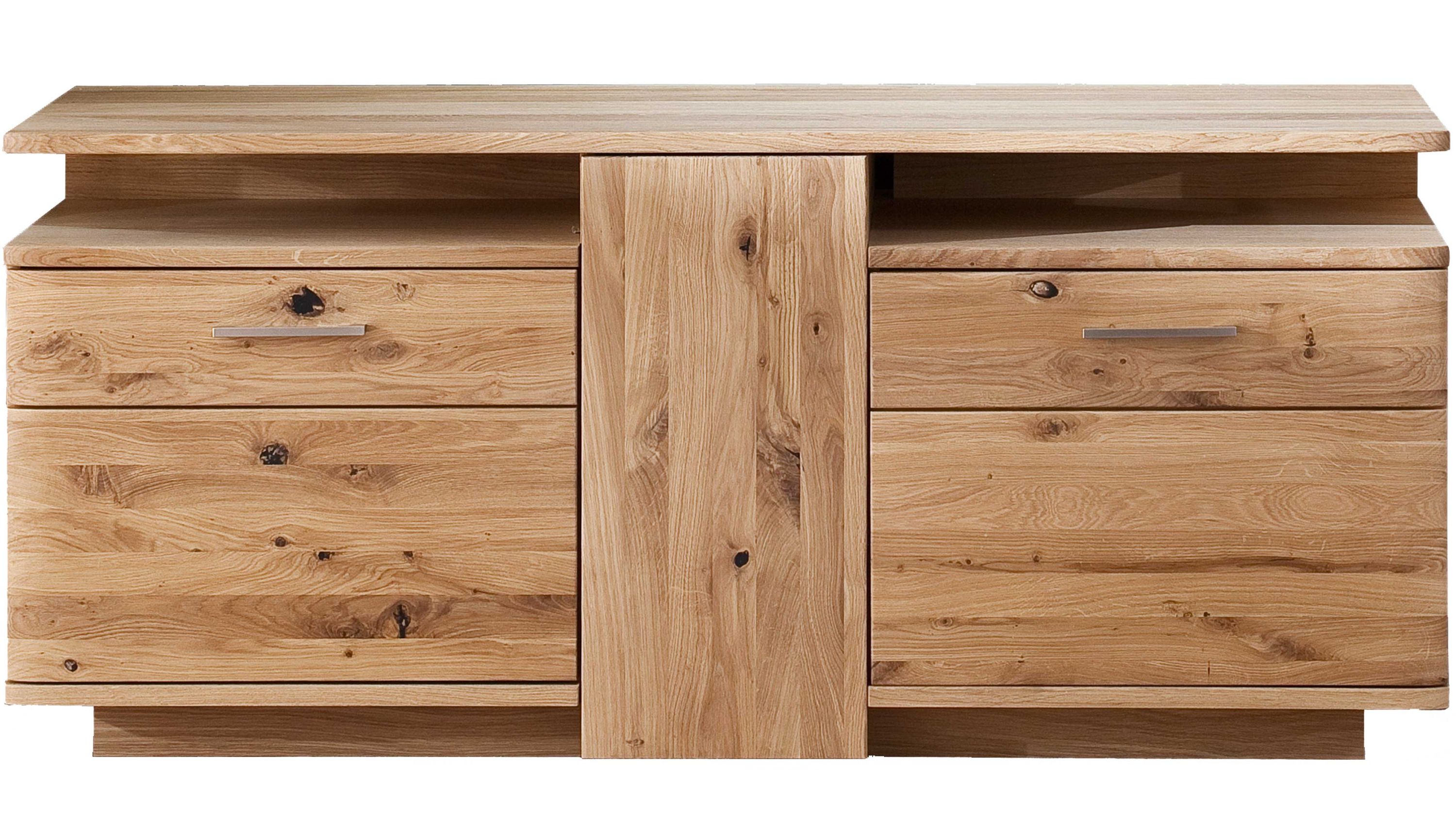 Lowboard aus hellem Holz mit drei Türen und zwei offenen Fächern