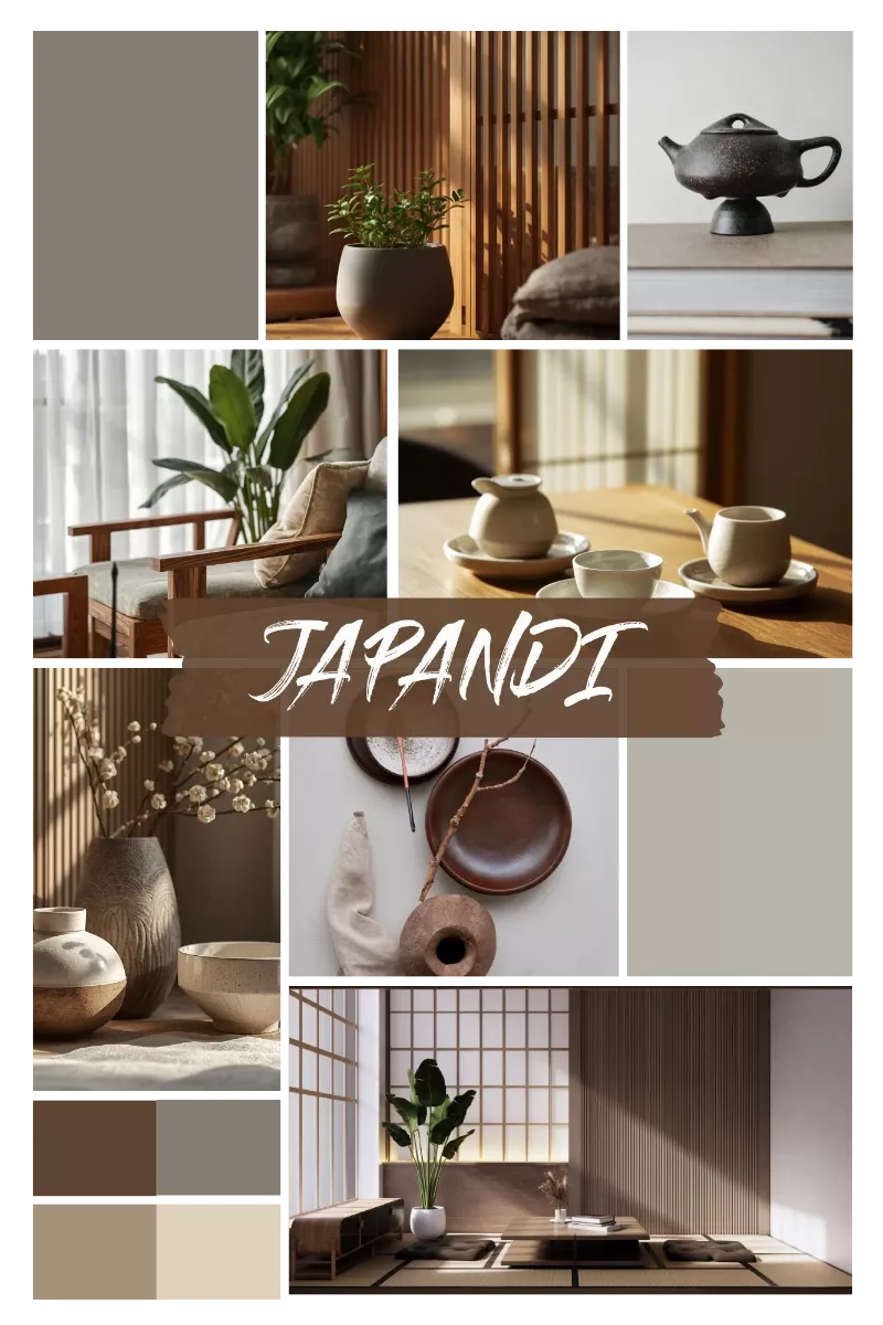 Collage im Japandi-Stil mit reduziertem Interieur, warmen Holzelementen, klaren Linien, Keramik, Pflanzen und harmonischer Farbpalette in Beige und Braun