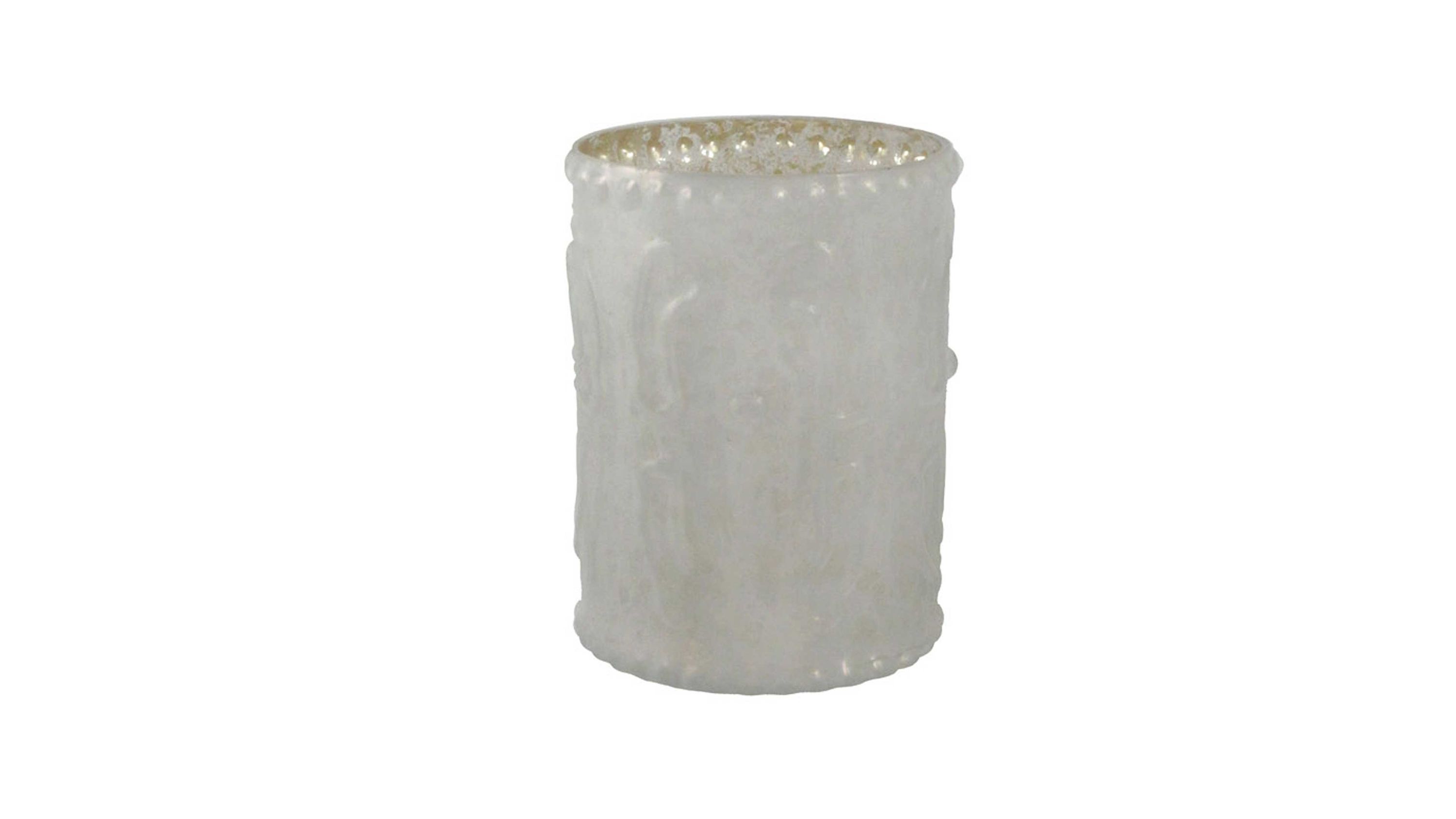 Zylindrisches Teelichtglas mit weißer Oberfläche und silbernem Rand