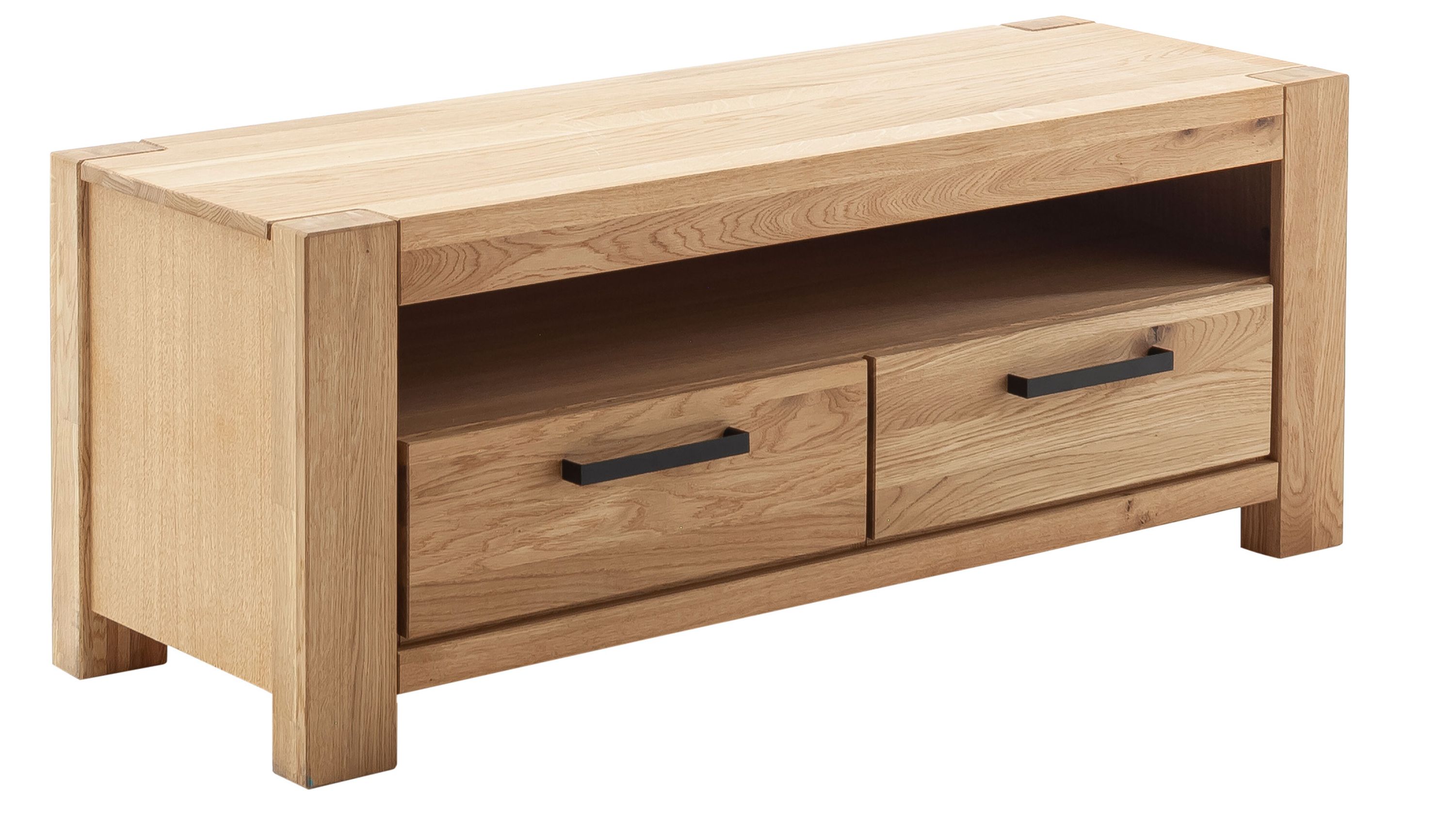 TV-Lowboard mit zwei Schubladen und offenem Fach aus hellem Holz Rechteckiges TV-Lowboard aus hellem Holz mit zwei Schubladen und einem offenen Fach