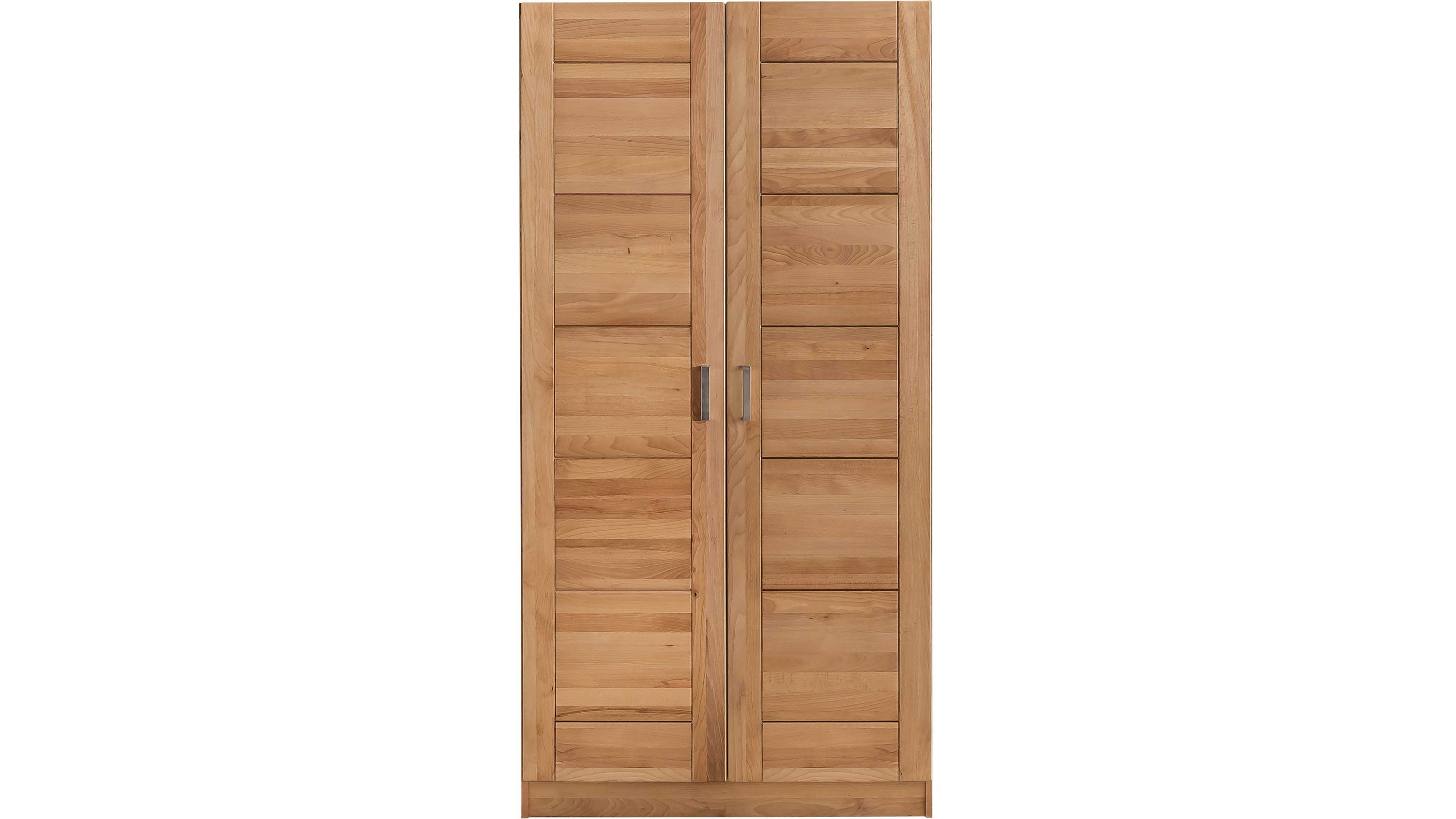 Zweiflügeliger Kleiderschrank aus geöltem Holz mit rechteckigen Paneelen und Metallgriffen