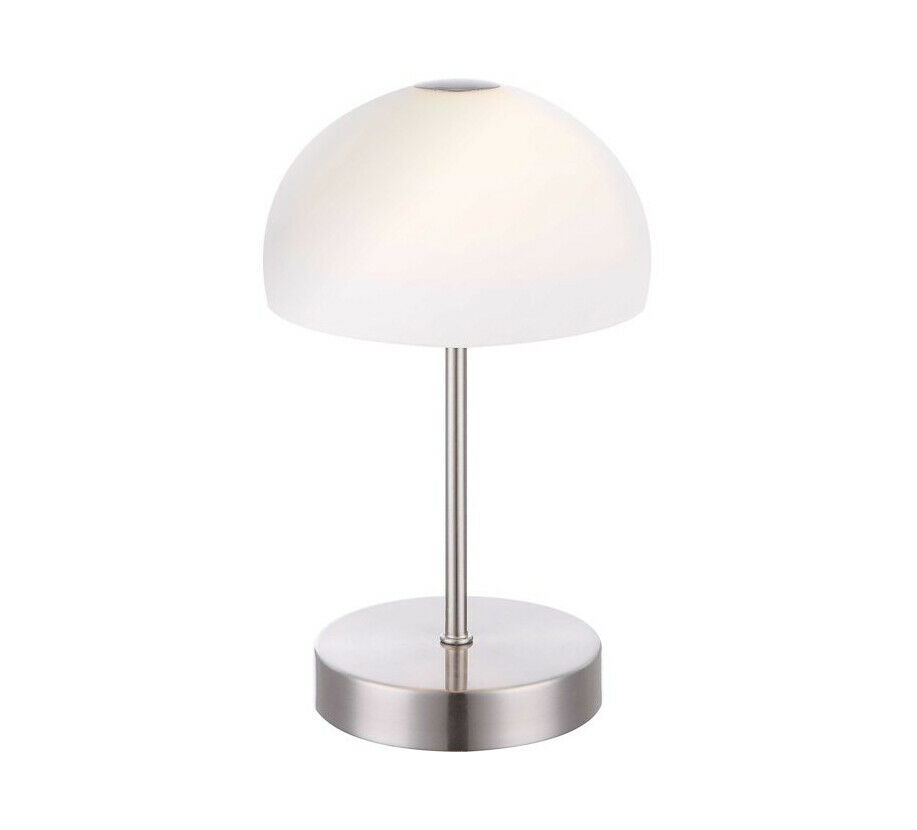 Tischlampe mit rundem Fuß und weißem Glaskuppelschirm im minimalistischen Design