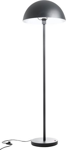 Frontal fotografierte Stehlampe aus matt dunkelgrauem Aluminium mit halbkugelförmigem Schirm und schlankem Fuß