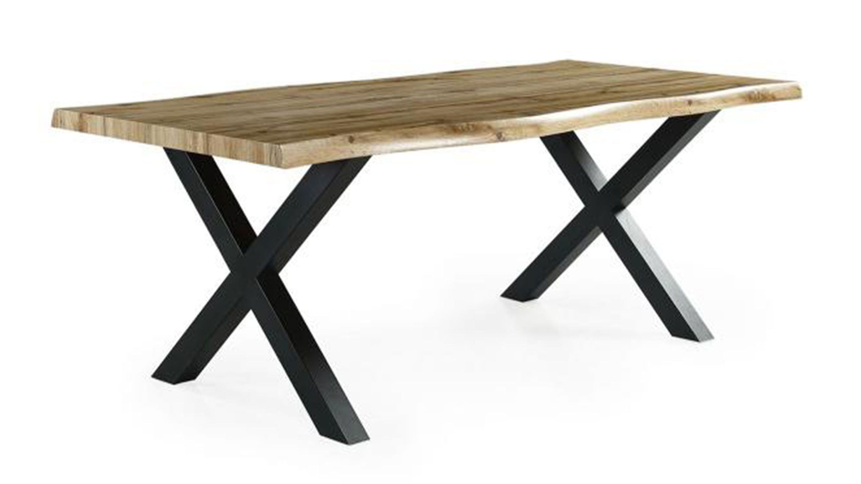 Esstisch mit Holzplatte und schwarzen Metallbeinen Rechteckiger Esstisch mit natürlicher Holzplatte und schwarzen X-förmigen Metallbeinen