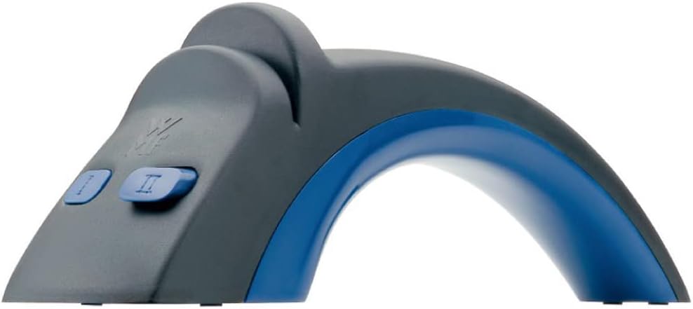 WMF Messerschärfer mit blauen Akzenten – Seitenansicht Ansicht rechts schwarzer Messerschärfer von WMF mit blauen Akzenten geschwungene Form auf heller Oberfläche stehend