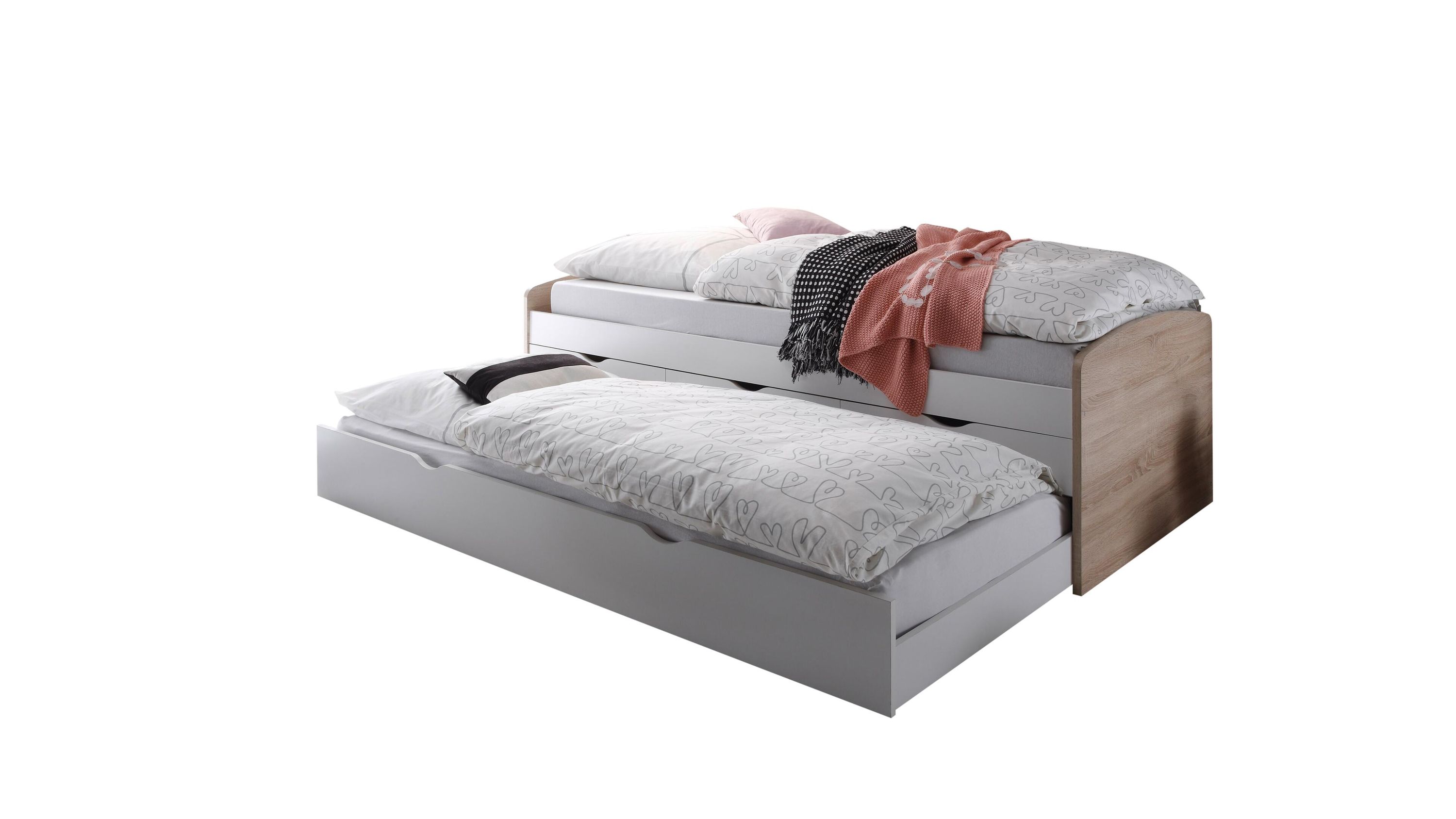 Funktionsbett mit zwei Liegeflächen obere mit eichefarbenen Seiten und weißen Kunststoffflächen untere komplett weiß