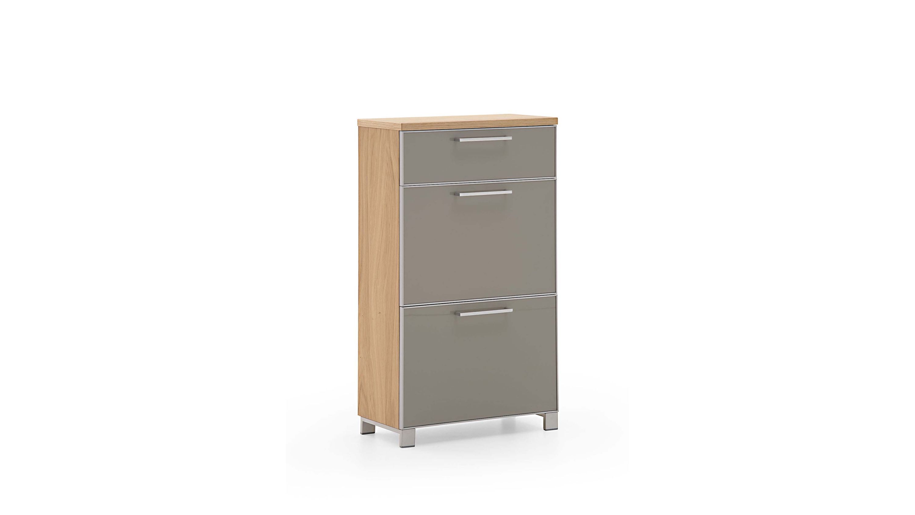 Schuhschrank mit einer Schublade und zwei Klappen in taupefarben Korpus in heller Holzoptik