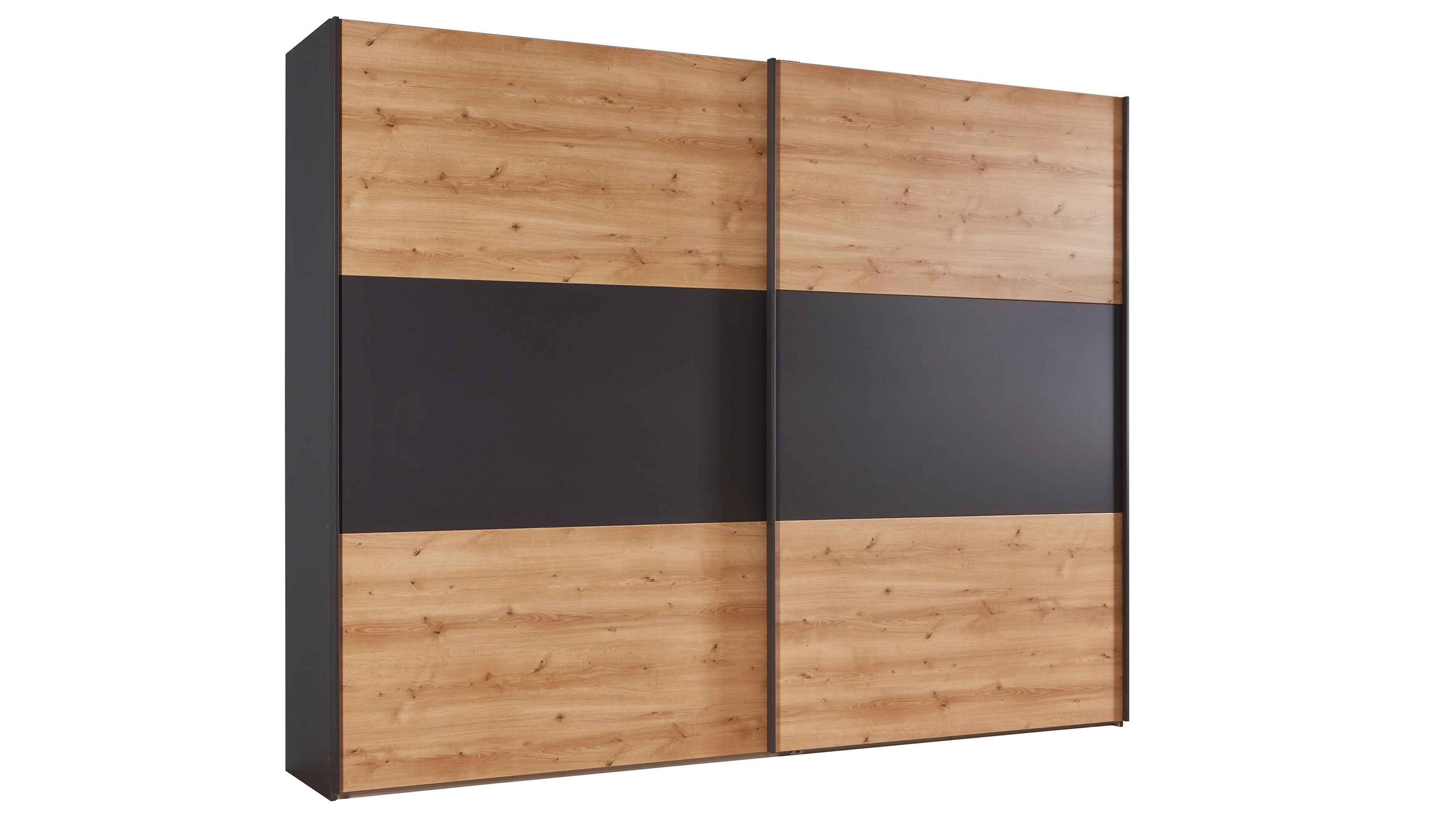Schwebetürenschrank mit zwei Türen in Holz- und Dunkelfarben Schwebetürenschrank mit zwei Türen in Holzoptik und mittlerem dunklem Streifen