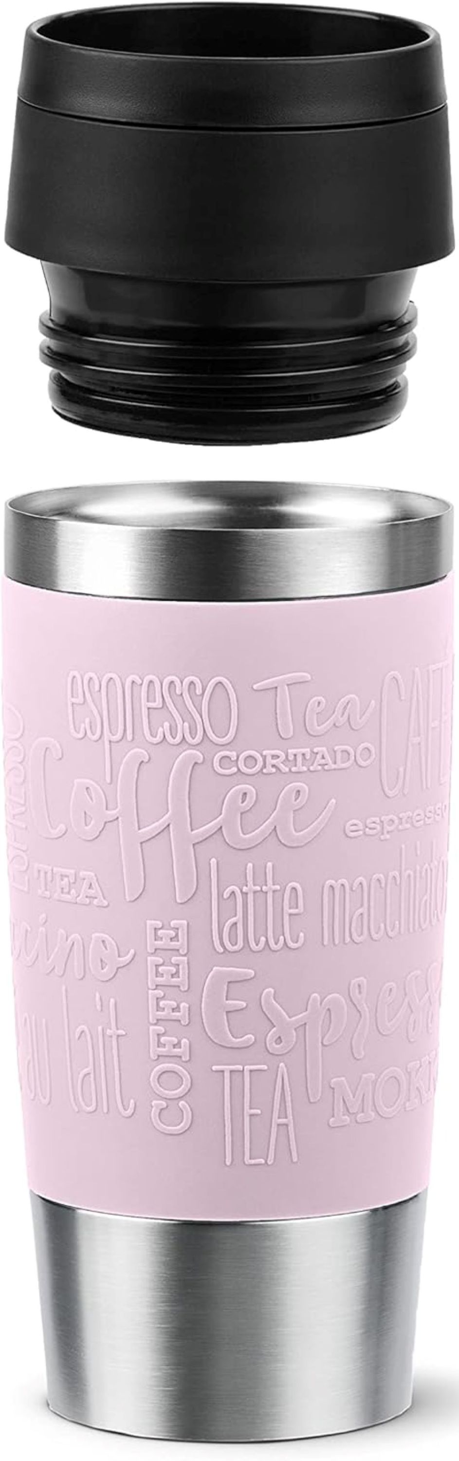 Pastelrosaner Thermobecher mit Kaffeeprägungen– stilvoller Becher mit rutschfester Struktur Thermobecher mit Edelstahlkörper pinkem Griffbereich und schwebendem Deckel frontal aus Augenhöhe fotografiert