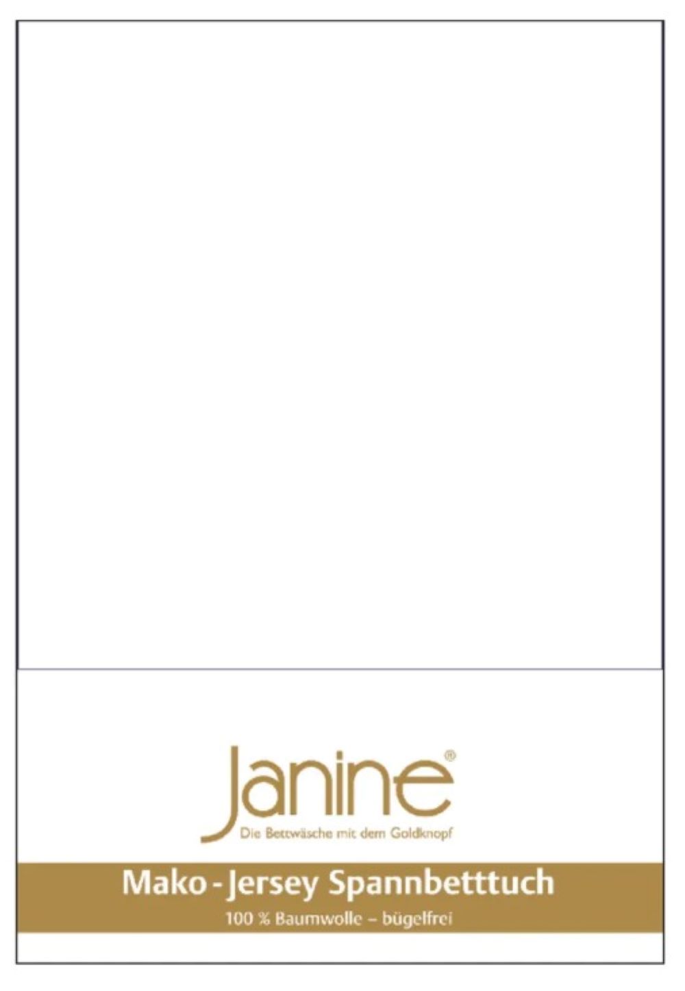 Weißes Feinjersey-Spannbetttuch in weiß-goldener Verpackung mit goldener Janine-Aufschrift  frontal fotografiert
