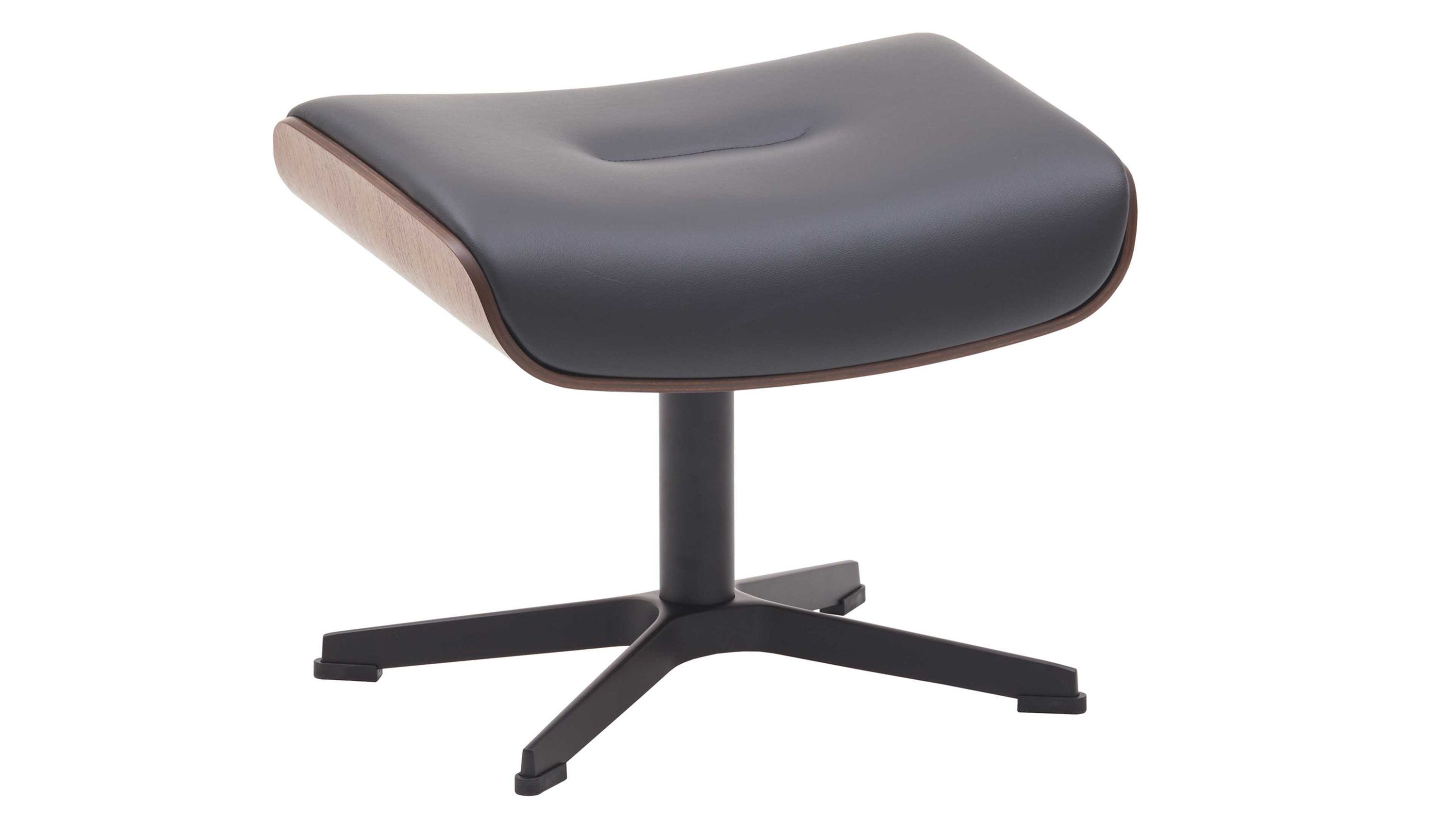 Hocker mit schwarzer gepolsterter Sitzfläche Walnussfarbener Sitzschale und schwarzem Metallgestell
