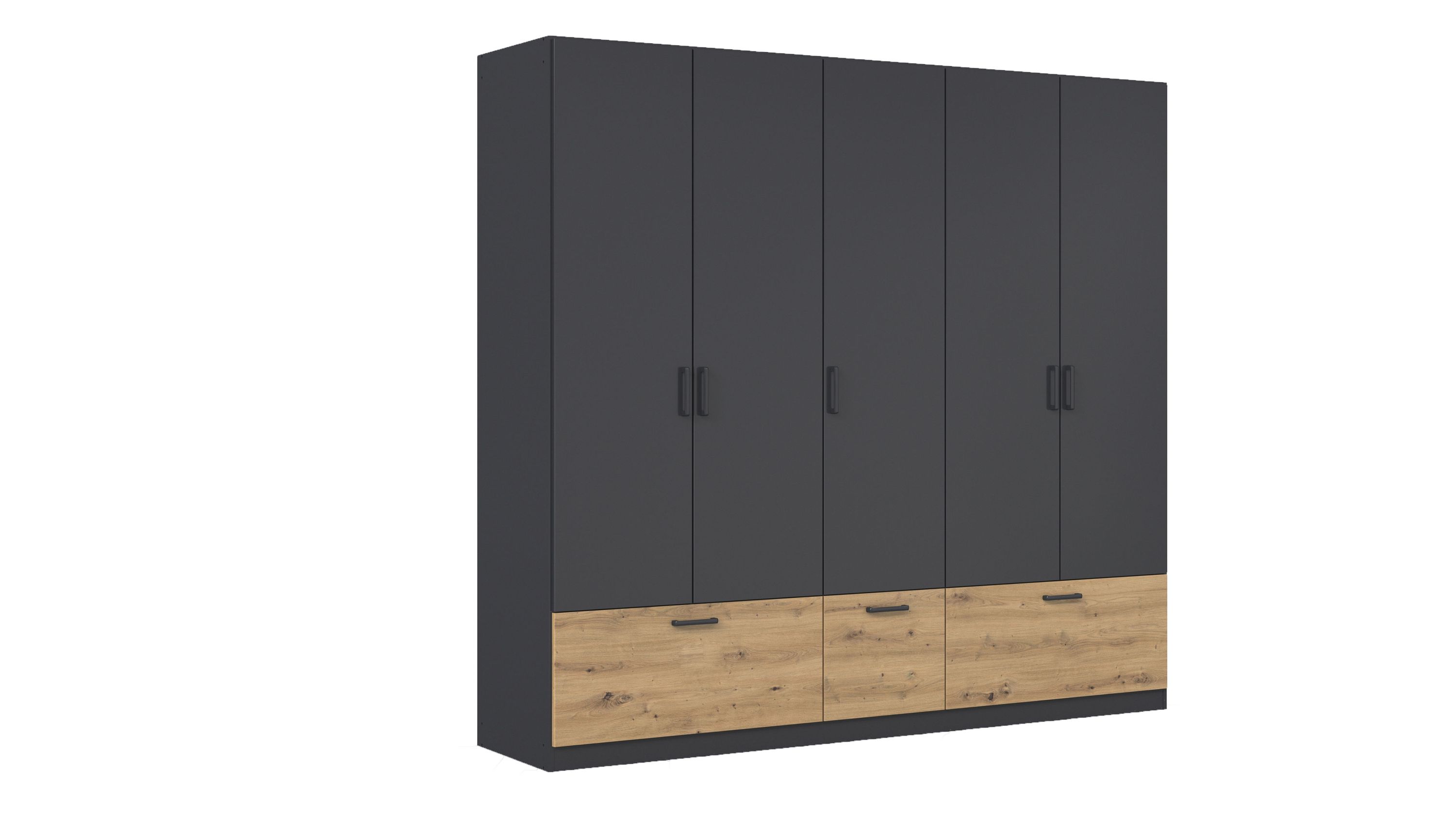 Drehtürenschrank mit grauen Türen und hellbraunen Schubladen Drehtürenschrank mit fünf Türen und drei Schubladen in grau und hellbraun