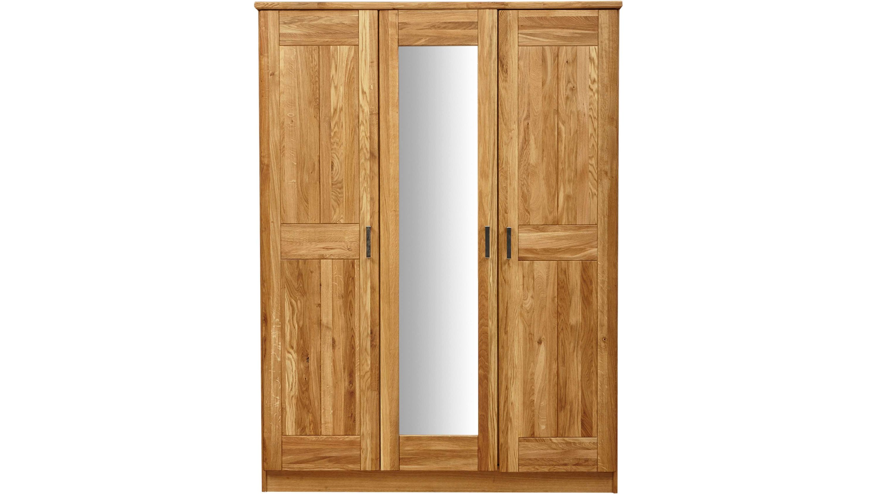 Drehtüriger Kleiderschrank aus geöltem Holz mit mittiger Spiegeltür und Metallgriffen