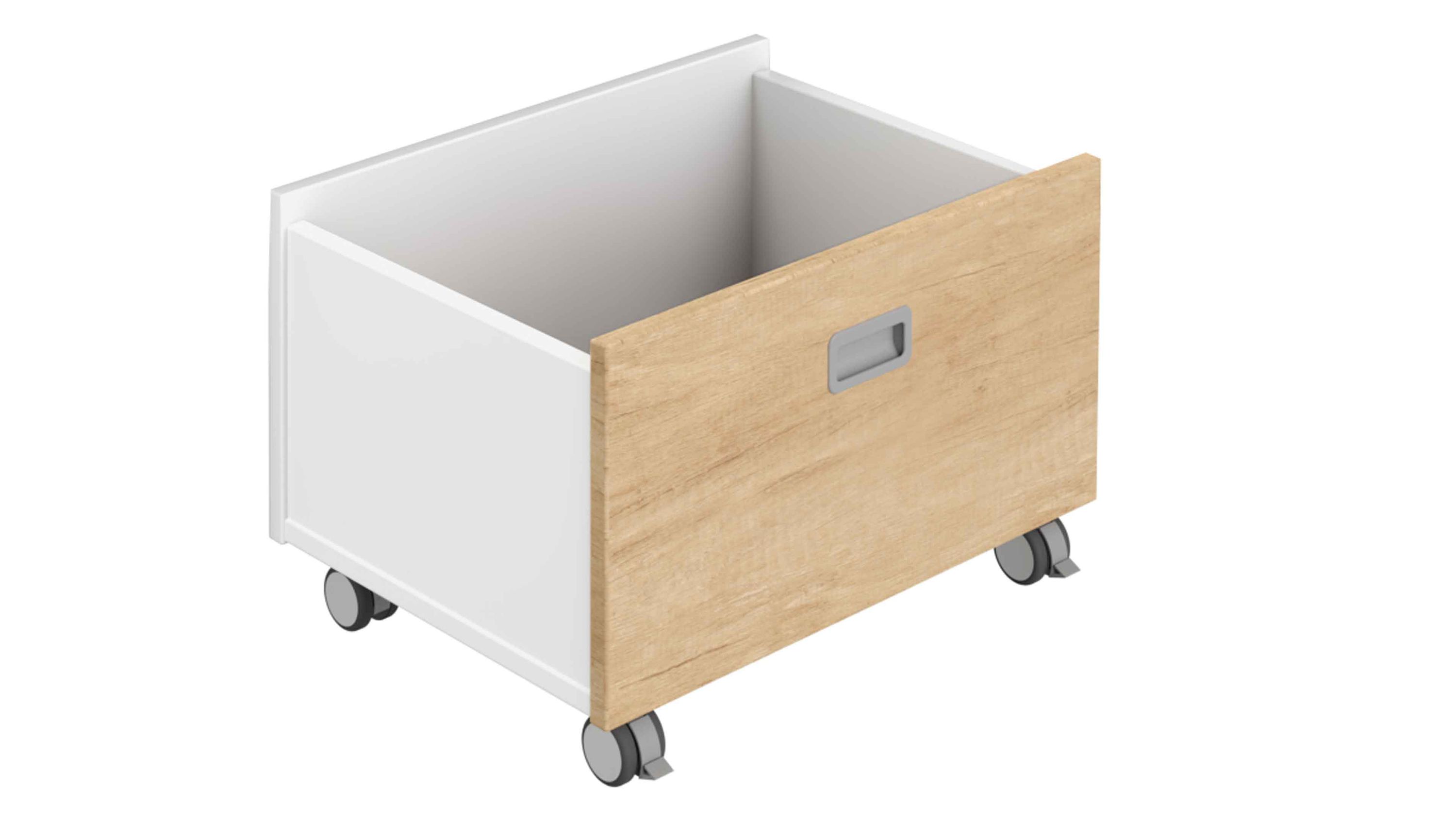 Weiße Rollbox mit einer Frontplatte in Holzoptik und vier Rollen