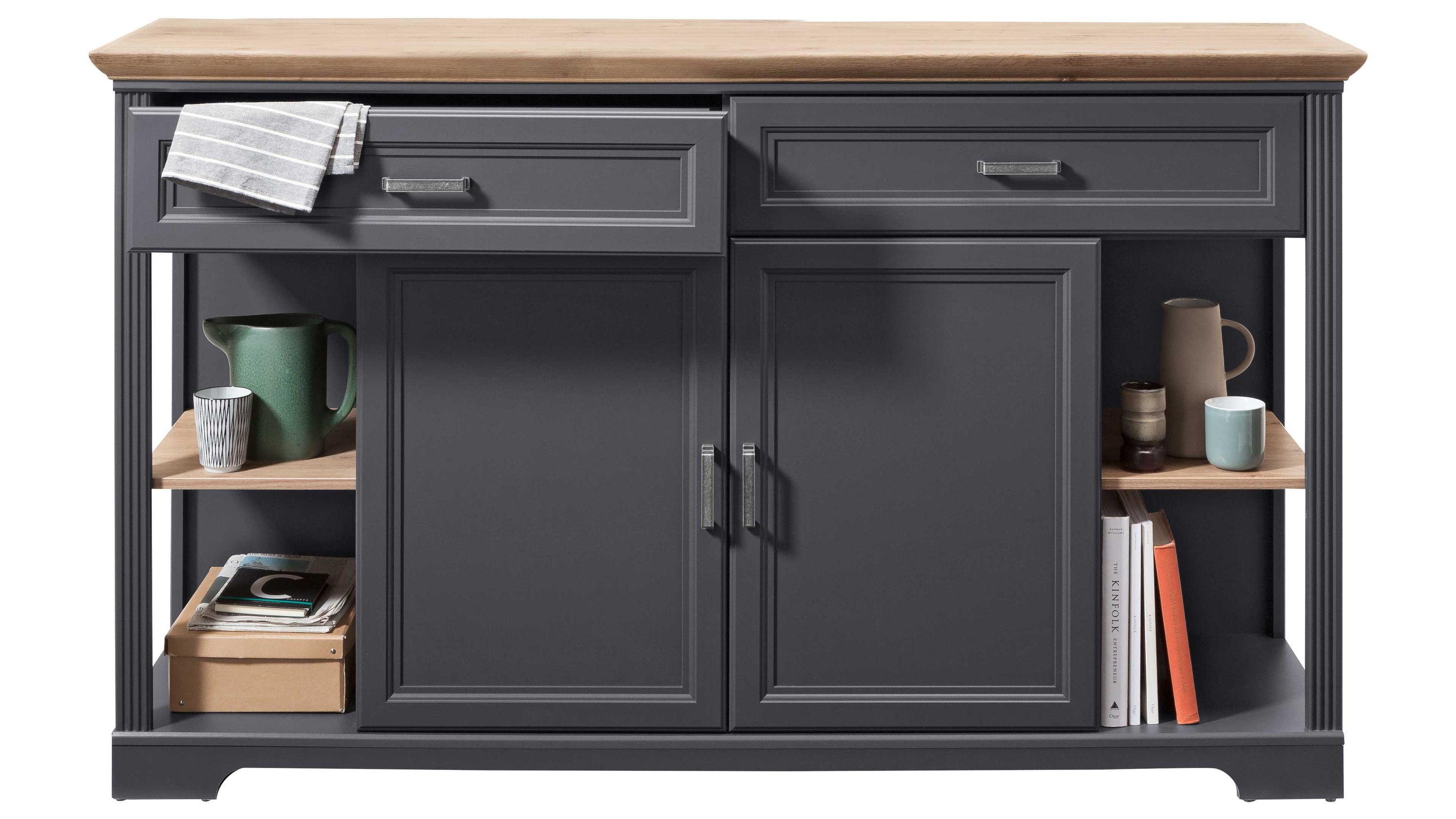 Sideboard mit Türen und Schubladen in Grau und Holzoptik Sideboard mit zwei Türen und zwei Schubladen in dunklem Grau mit hellbrauner Holzplatte und offenen Regalfächern