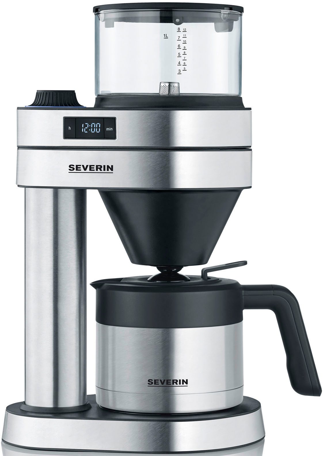 Filterkaffeemaschine  silber-schwarz  seitlich fotografiert