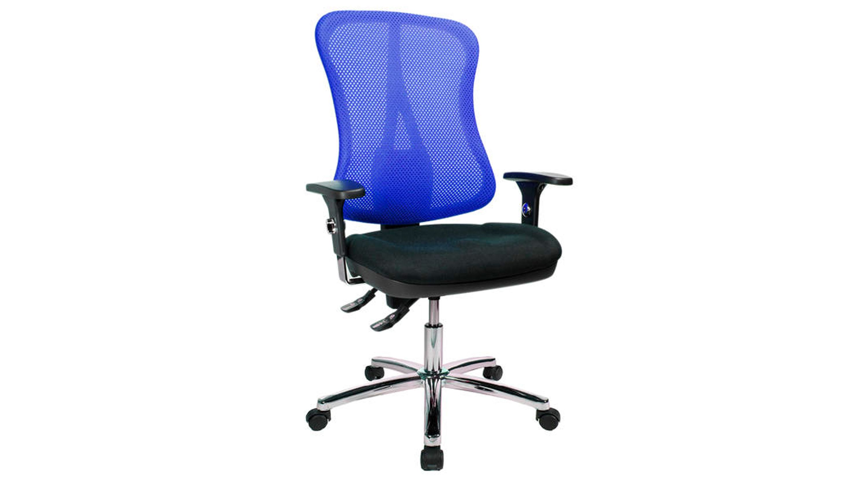 Bürodrehstuhl mit blauer Netz-Rückenlehne und verchromtem Gestell Bürodrehstuhl mit taillierter blauer Netz-Rückenlehne schwarzem Sitz und verchromtem Gestell auf Rollen