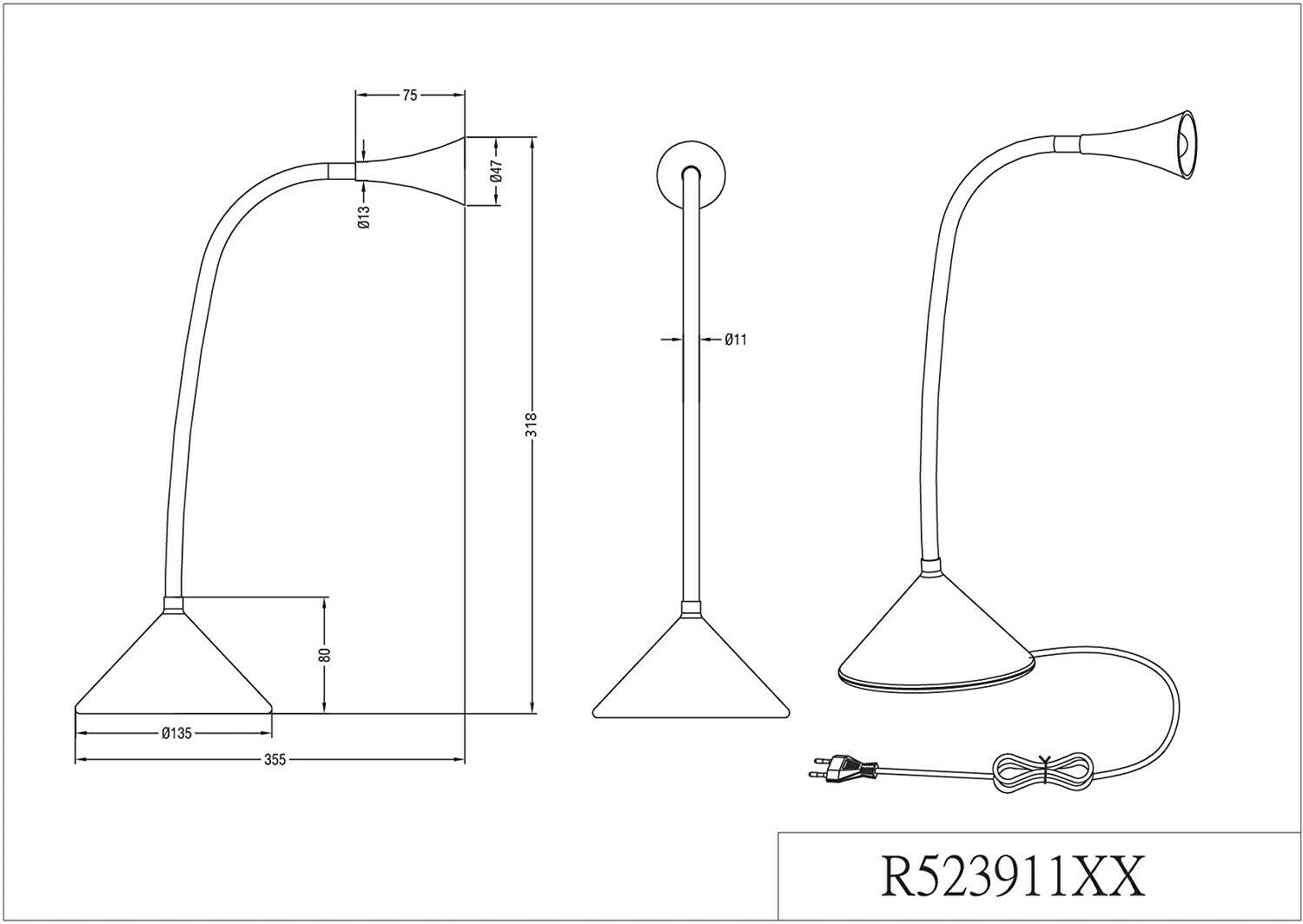 Technische Zeichnung einer Lampe mit Maßen, Seiten- und Vorderansicht, inkl. Kabel und Stecker.