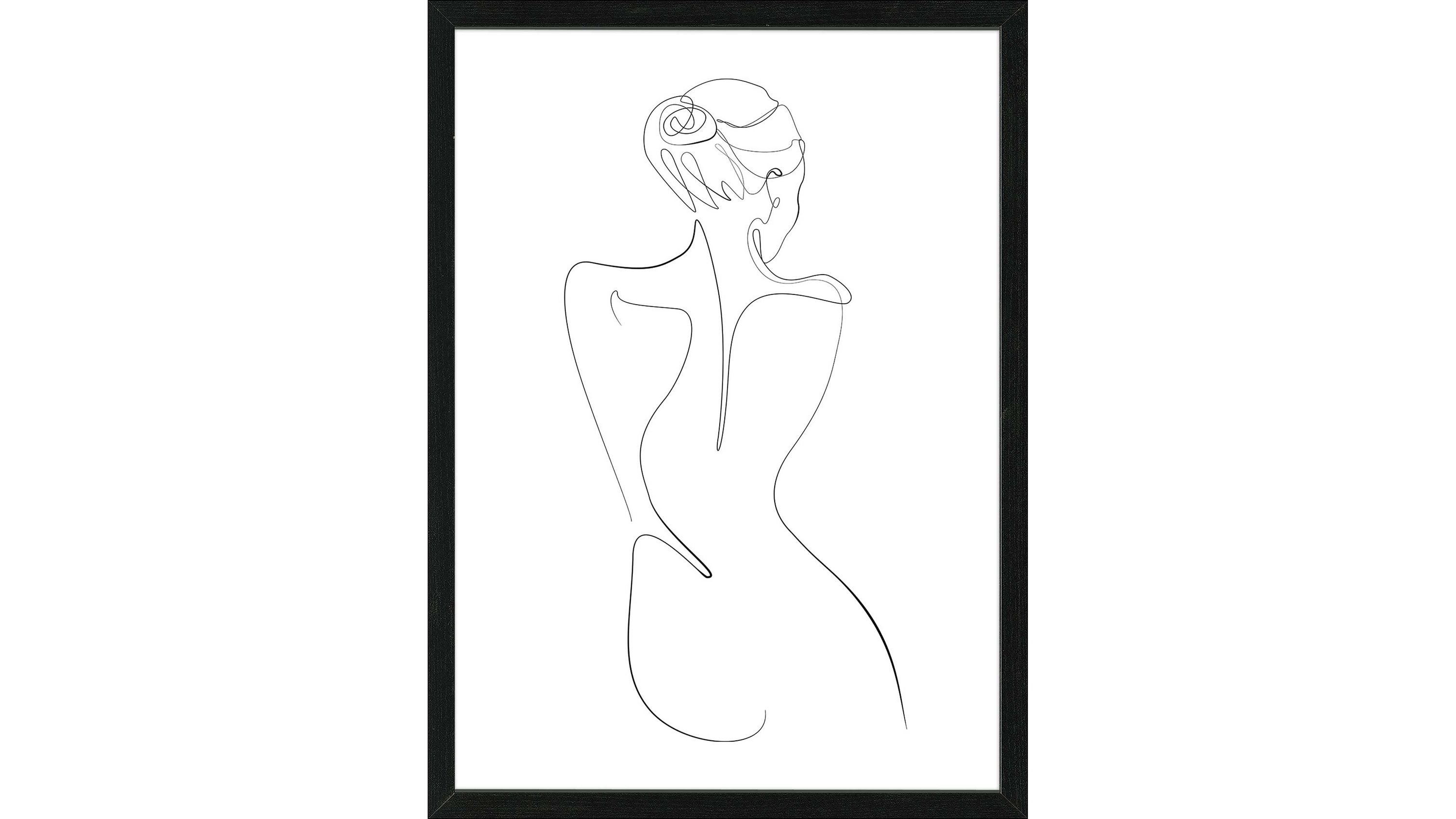 Schwarz-weißer Kunstdruck mit Linienzeichnung einer Rückenansicht einer Frau im schwarzen Rahmen