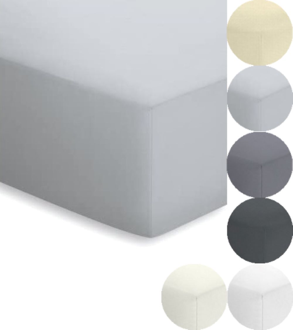 Hellgraues Jersey-Spannbetttuch straff auf Matratze, rechts Auswahl anderer Farben, weiche Baumwolloptik, Nahaufnahme