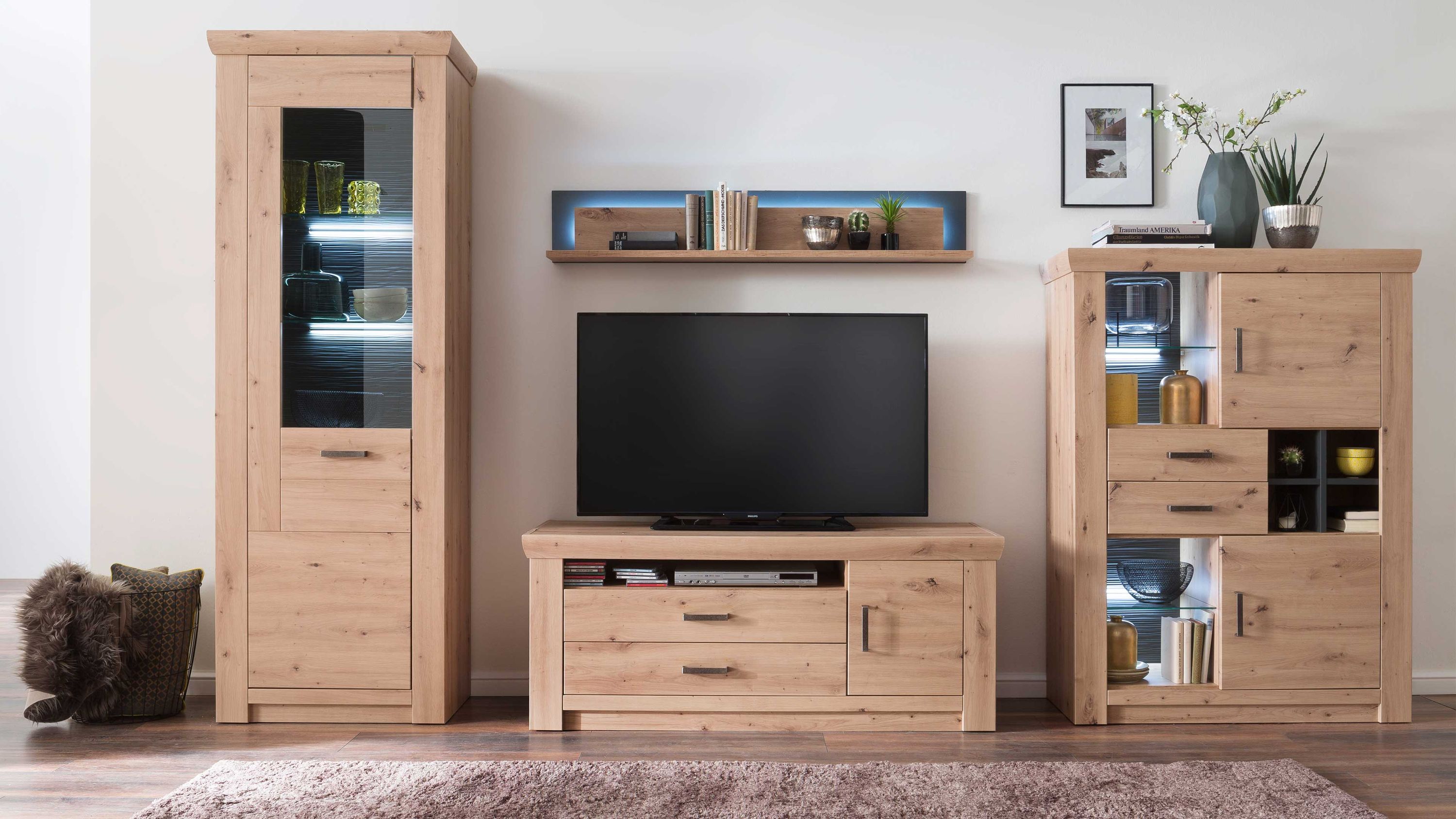 Vierteilige Wohnwand aus Balkeneiche mit Schrank TV-Board Regalbrett und Vitrine in hellbraun und anthrazit